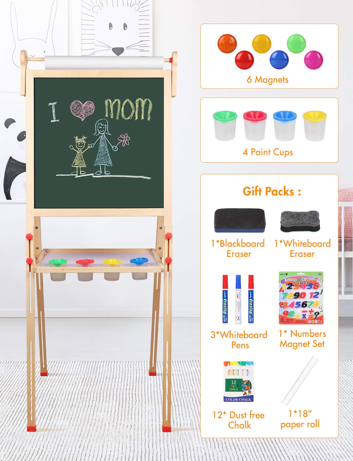 YOHOOLYO Kids Easel – Wooden Double-Sided Art Easel with Paper Roll & Adjustable Height
