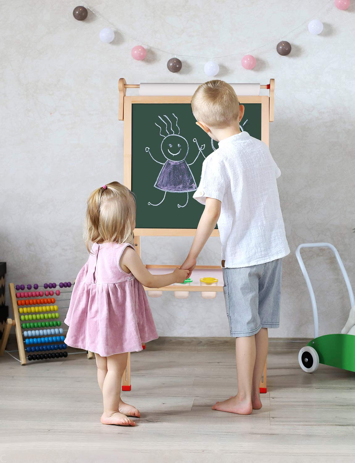 YOHOOLYO Kids Easel – Wooden Double-Sided Art Easel with Paper Roll & Adjustable Height