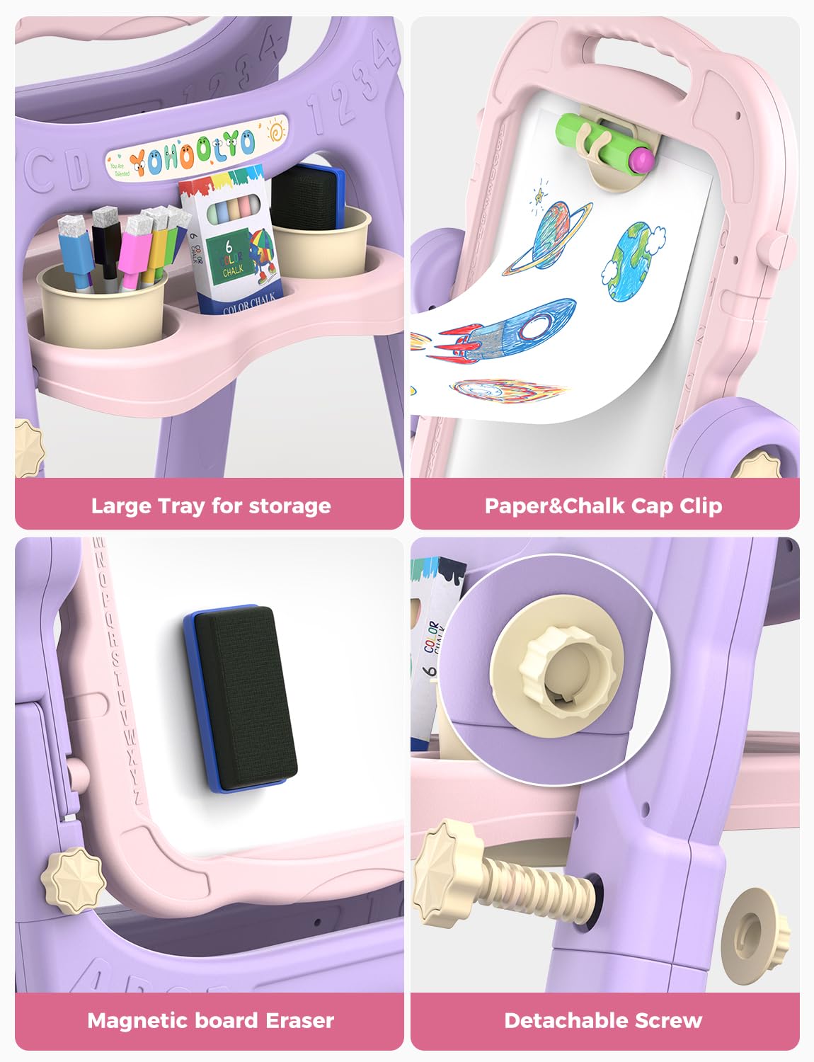 YOHOOLYO Kids Easel – 360° Double-Sided Magnetic Board (Pink/Purple)