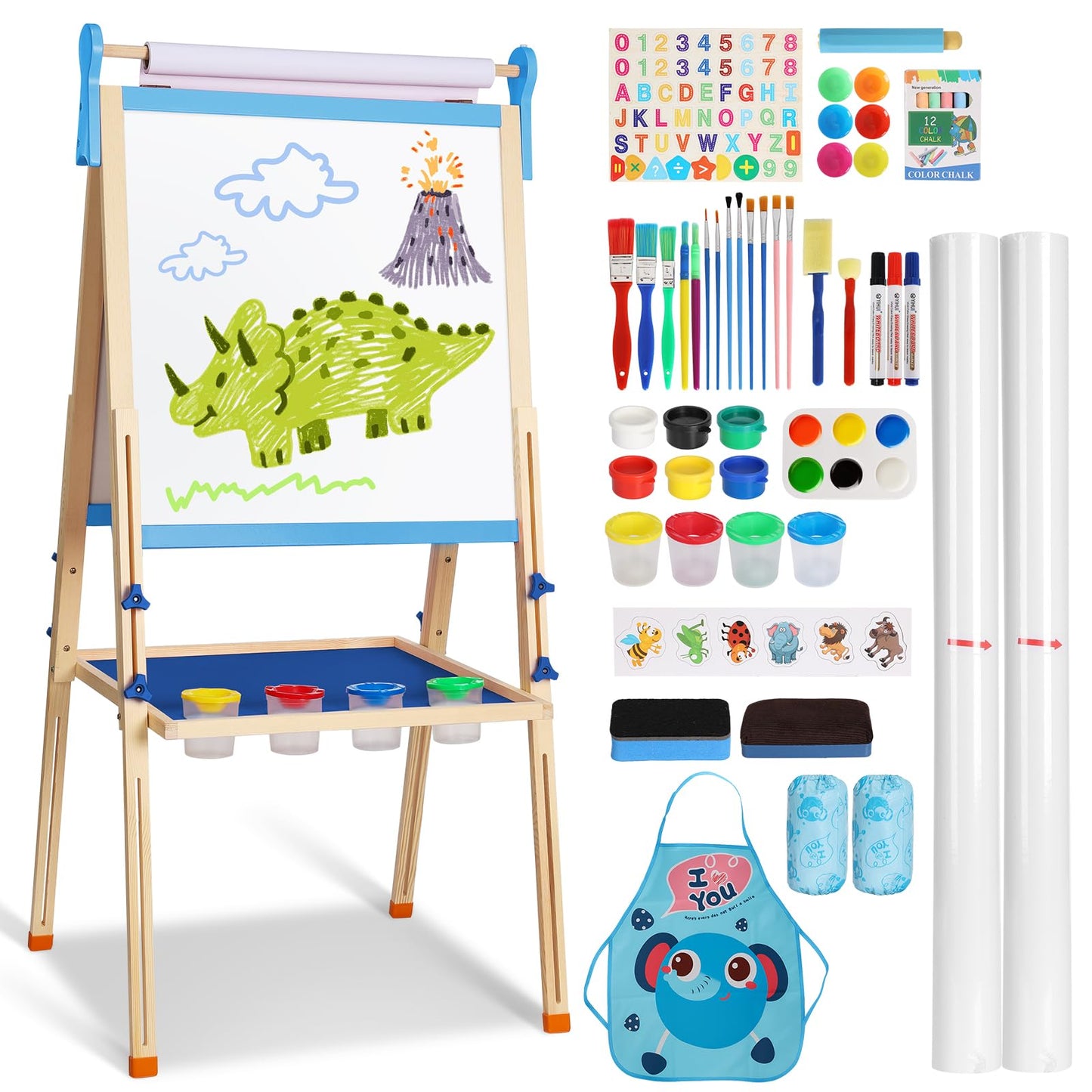 YOHOOLYO Kids Wooden Easel – Double-Sided Magnetic Whiteboard & Chalkboard, Adjustable Height