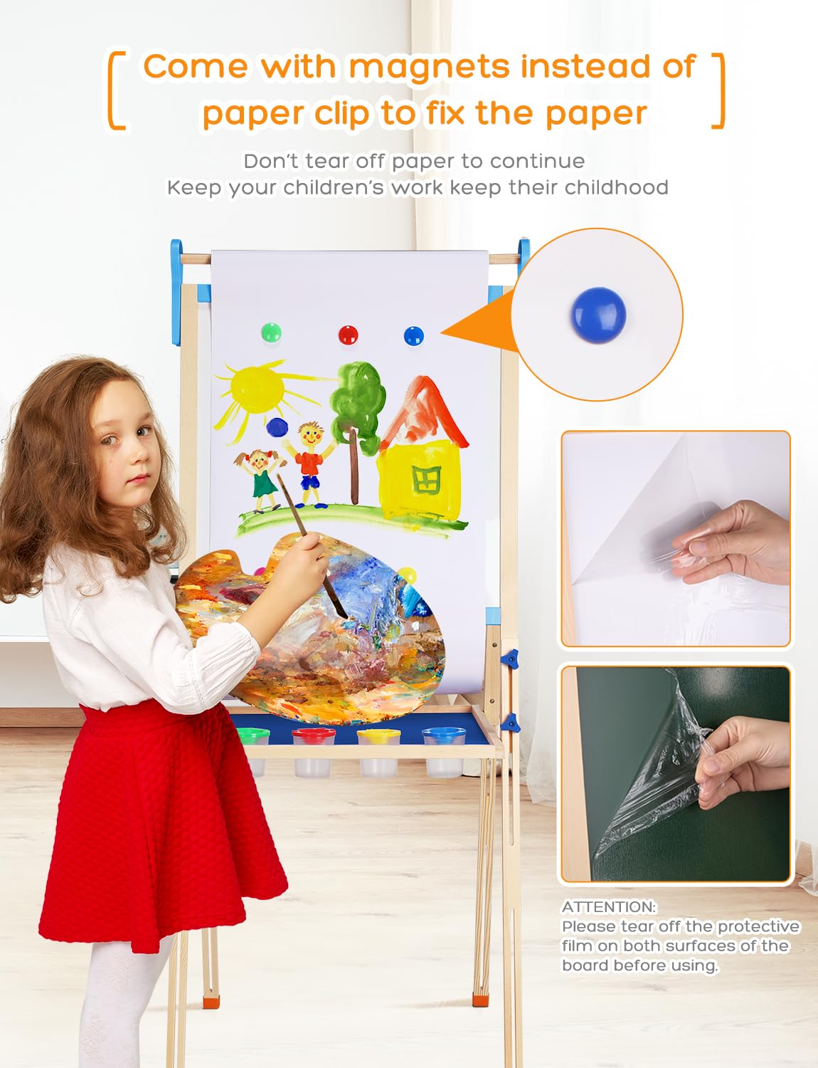 YOHOOLYO Kids Wooden Easel – Double-Sided Magnetic Whiteboard & Chalkboard, Adjustable Height