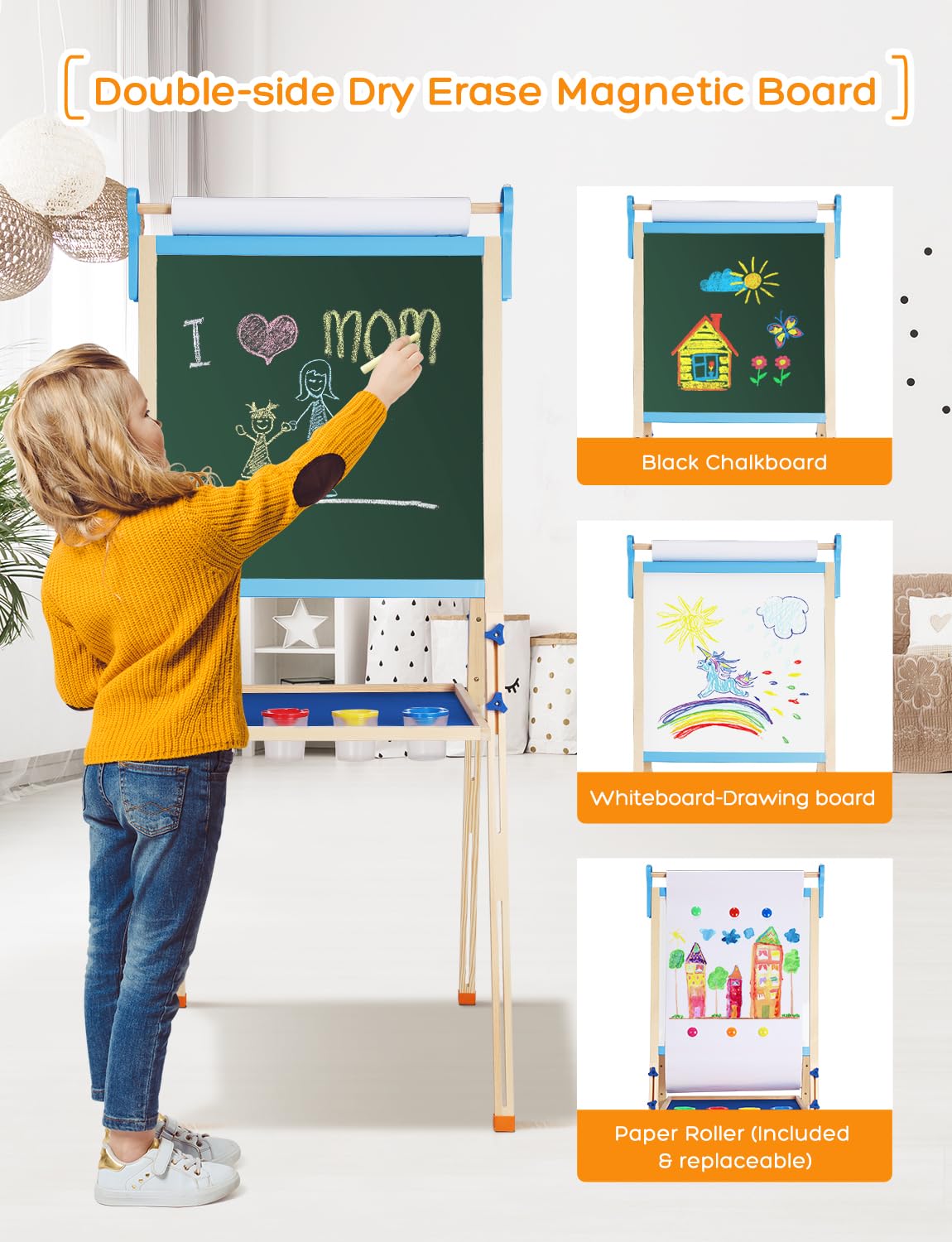 YOHOOLYO Kids Wooden Easel – Double-Sided Magnetic Whiteboard & Chalkboard, Adjustable Height