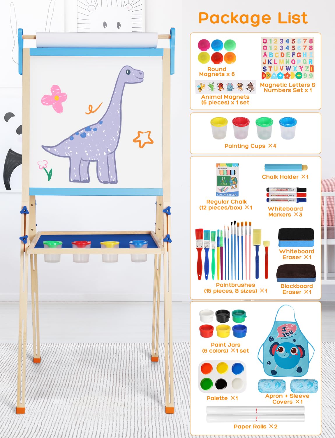 YOHOOLYO Kids Wooden Easel – Double-Sided Magnetic Whiteboard & Chalkboard, Adjustable Height
