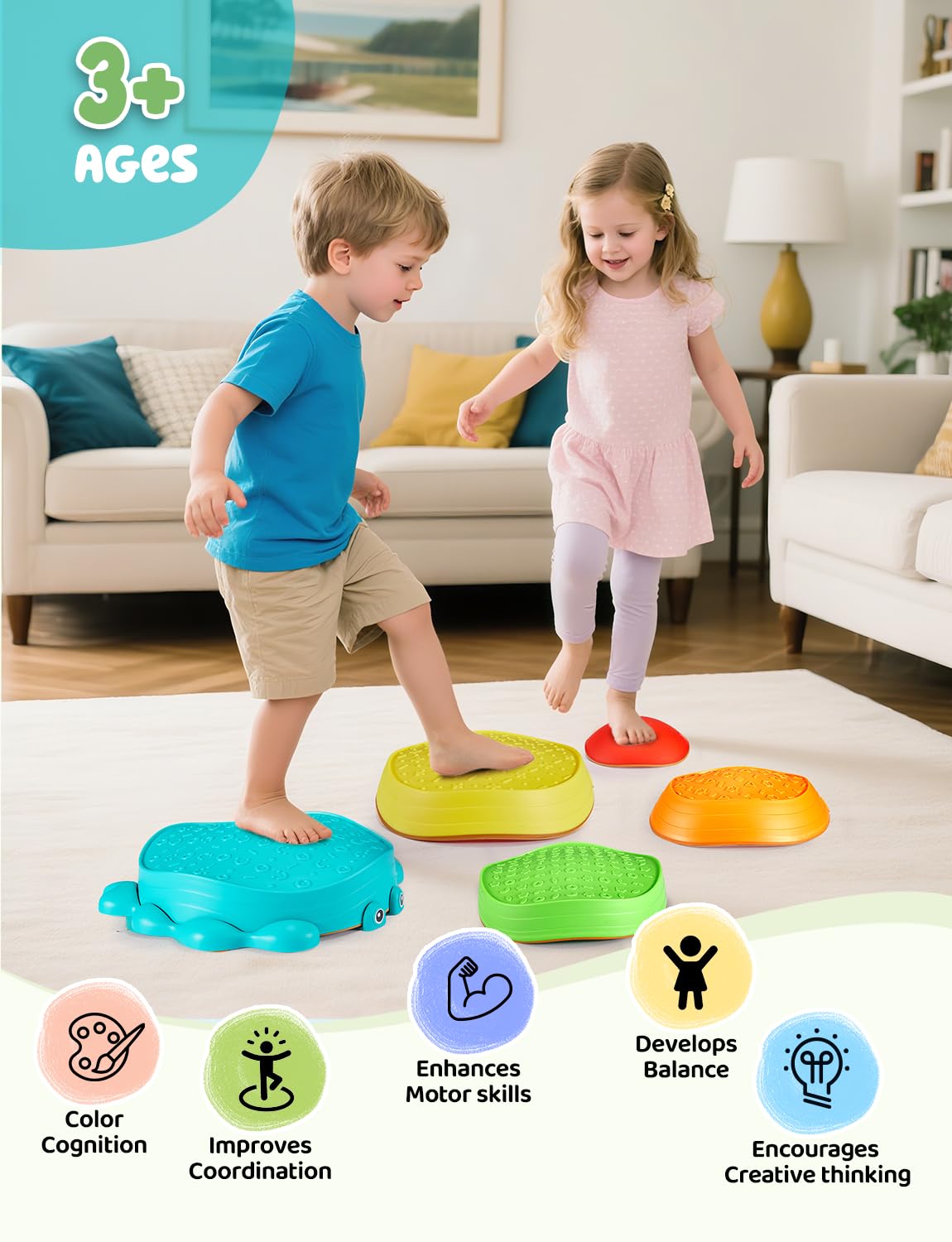 YOHOOLYO Stepping Stones for Kids — 5-Pack Non-Slip Balance Stones for Indoor & Outdoor Play