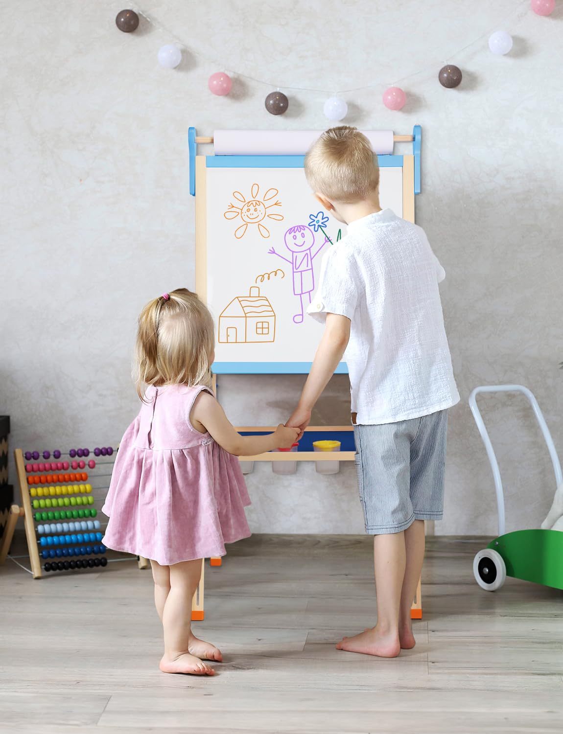 YOHOOLYO Kids Wooden Easel – Double-Sided Magnetic Whiteboard & Chalkboard, Adjustable Height