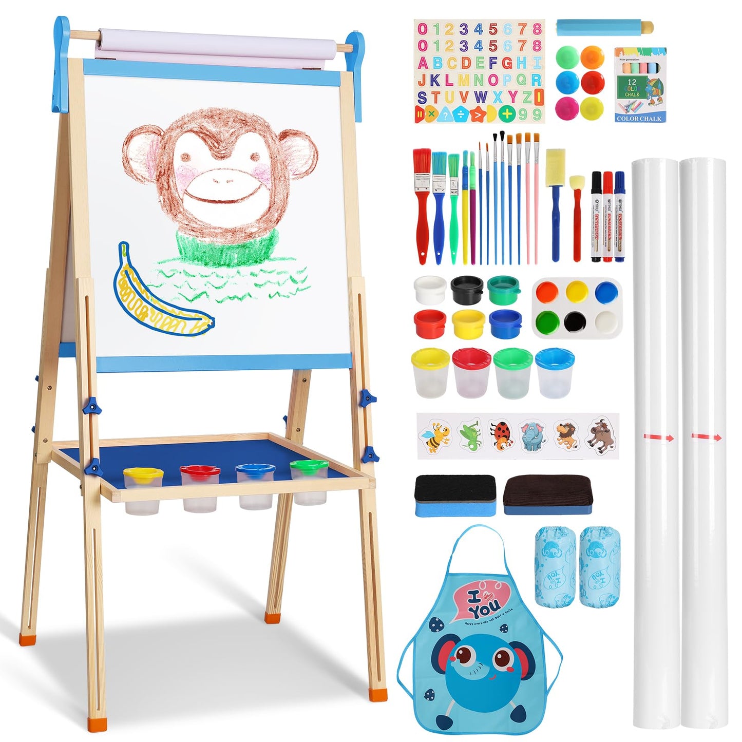 YOHOOLYO Kids Wooden Easel – Double-Sided Magnetic Whiteboard & Chalkboard, Adjustable Height