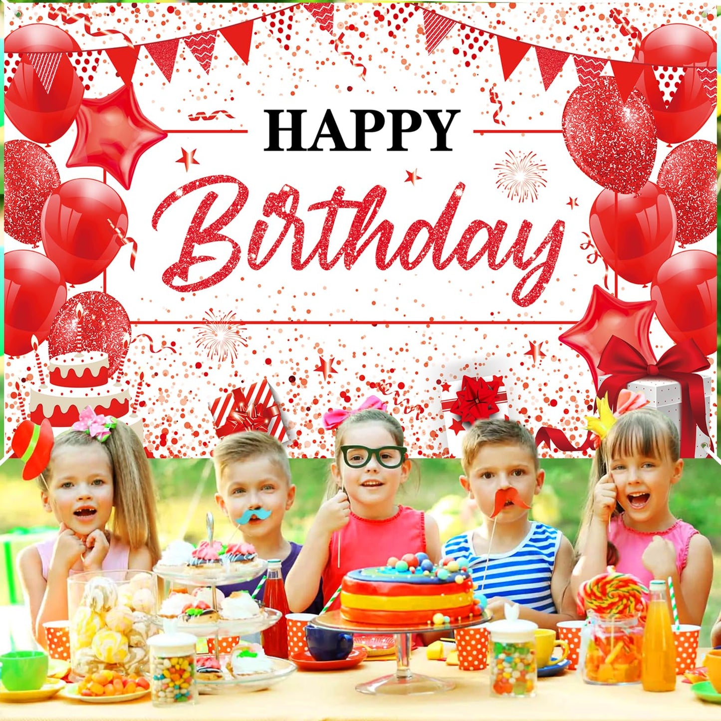 Yoirrat Red White Happy Birthday Banner - Large 71x44 Inch Backdrop for Party Photos