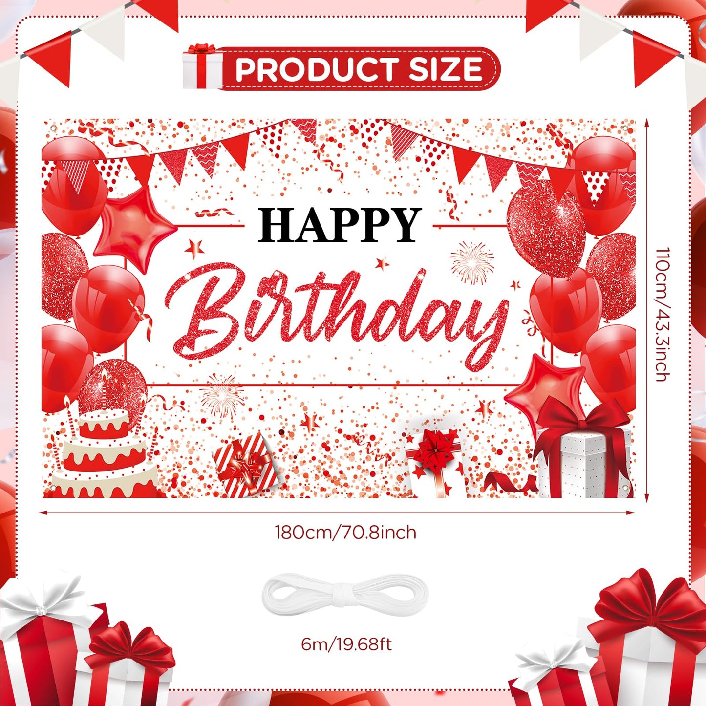 Yoirrat Red White Happy Birthday Banner - Large 71x44 Inch Backdrop for Party Photos