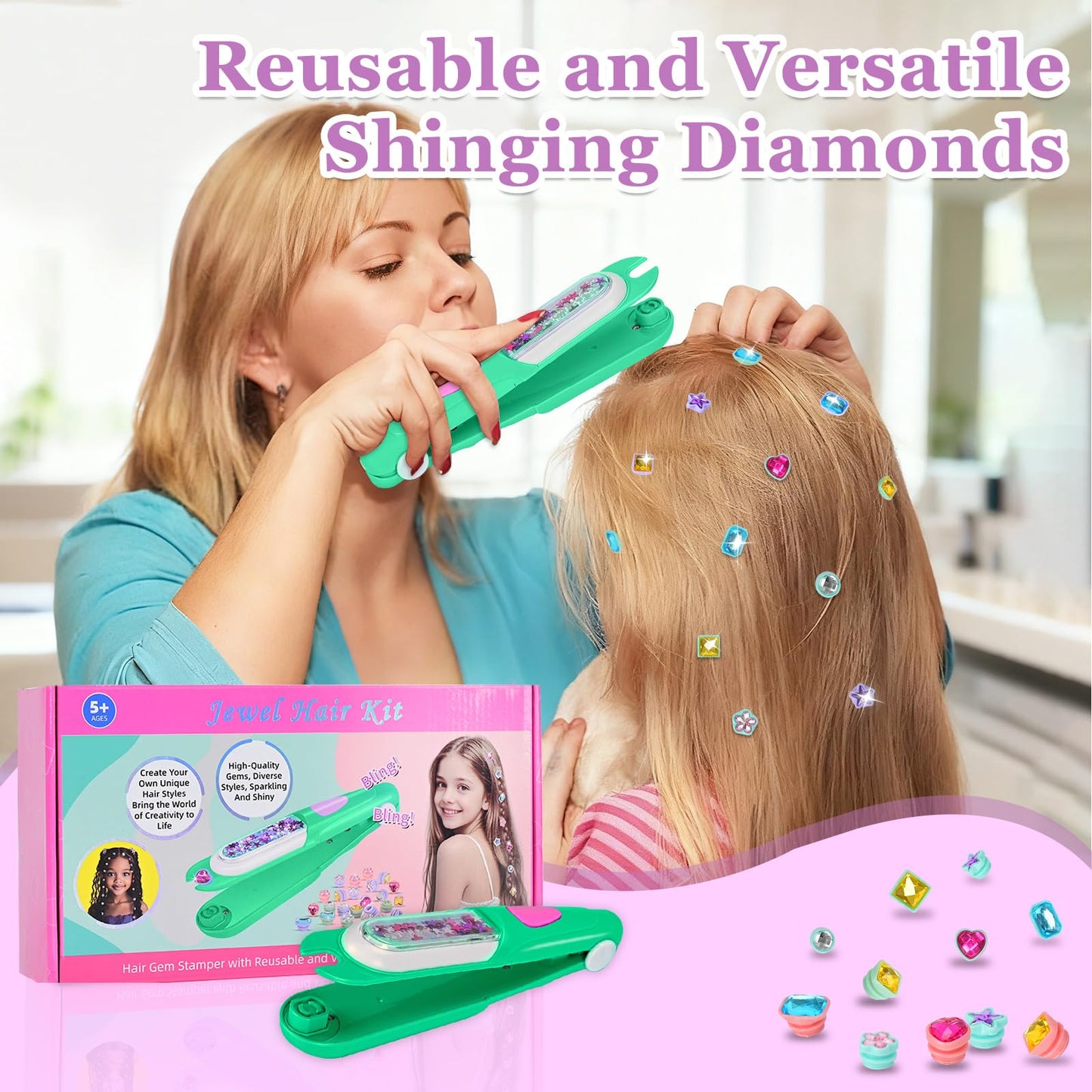 Yoloflix Hair Gem Stamper Kit - Bling Hair Jewels for Girls - Reusable Diamonds (Green)