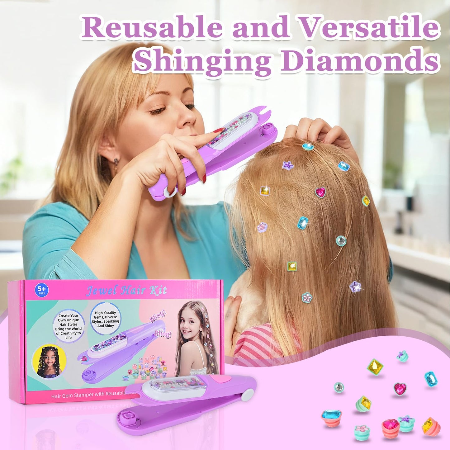 Yoloflix Hair Gem Stamper Kit – Reusable Sparkling Hair Jewels for Girls (Purple)