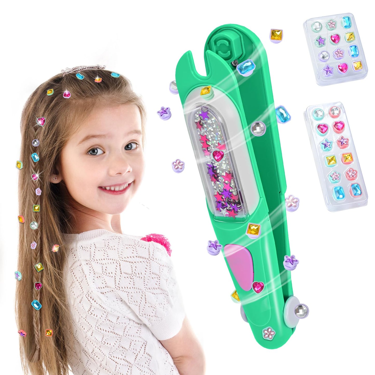 Yoloflix Hair Gem Stamper Kit - Bling Hair Jewels for Girls - Reusable Diamonds (Green)