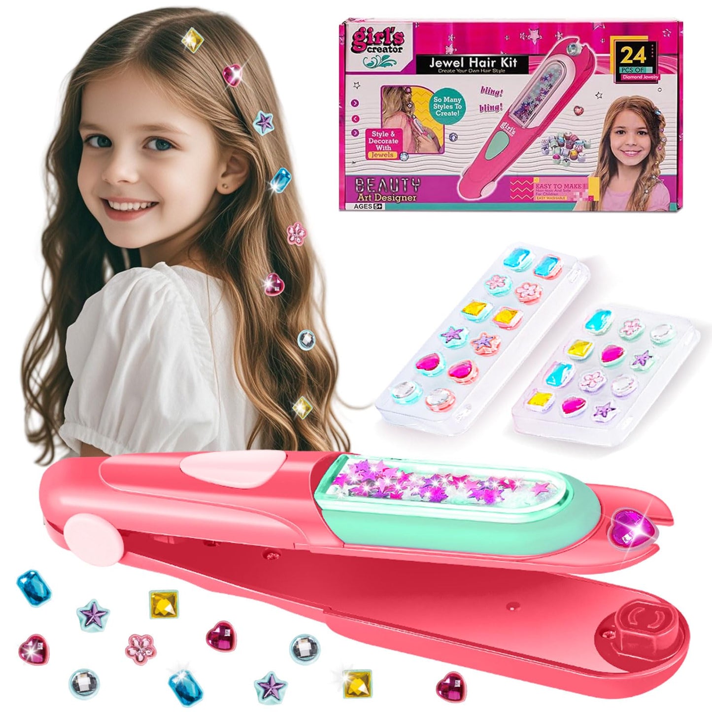 Yoloflix Hair Gem Stamper Kit — Reusable Bling Hair Jewels for Girls