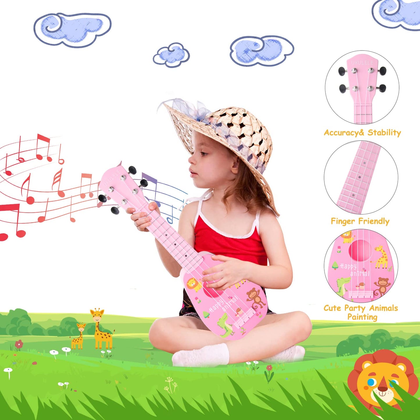 YOLOPARK 17in Kids Toy Guitar for Beginners - Pink 4-String Starter