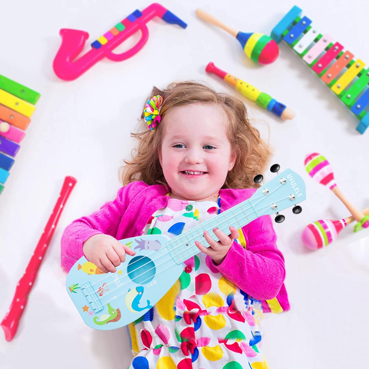 YOLOPARK 17-Inch Kids Toy Guitar for Beginners – 4-String Mini Ukulele-Style Guitar for Ages 3–7 (Blue)