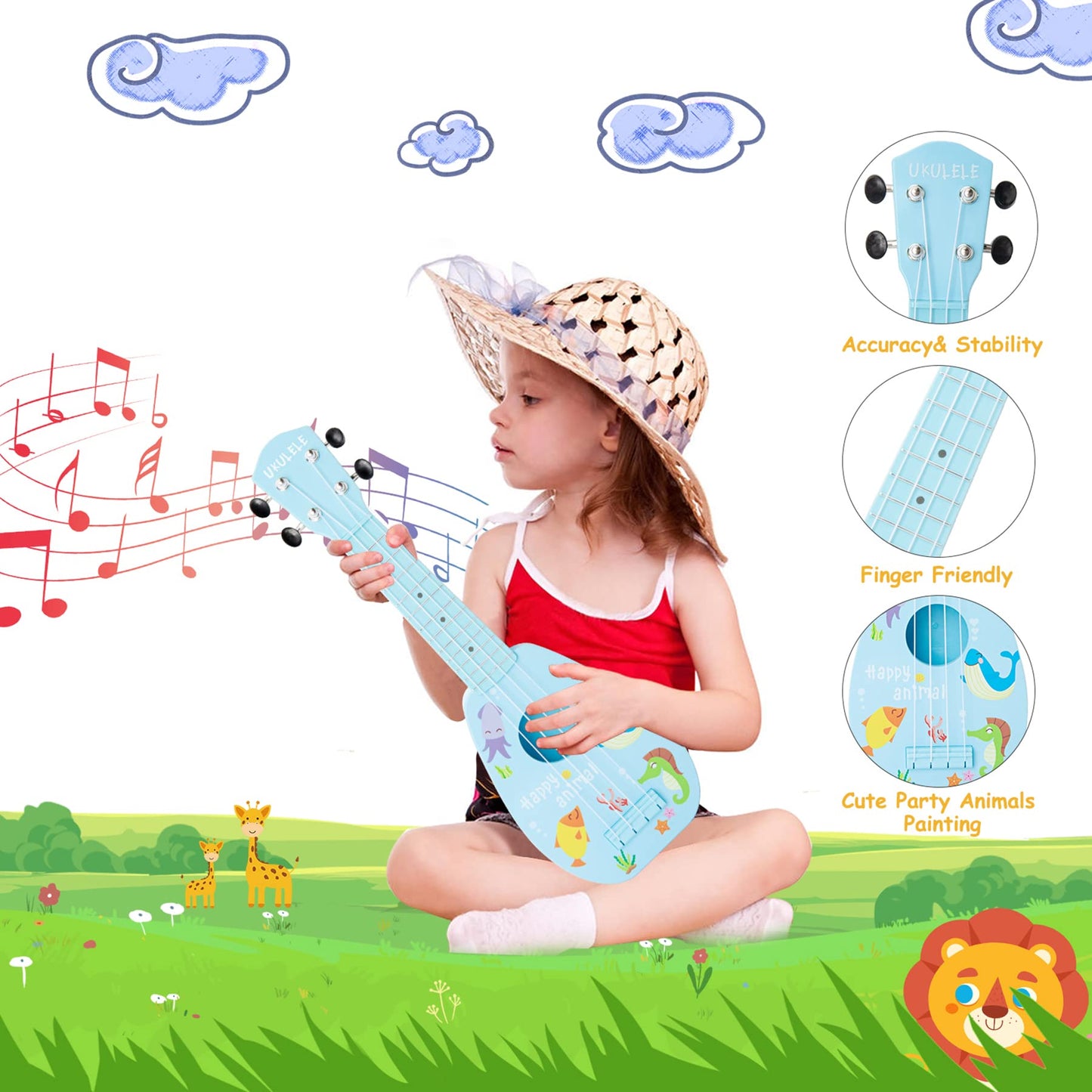 YOLOPARK 17-Inch Kids Toy Guitar for Beginners – 4-String Mini Ukulele-Style Guitar for Ages 3–7 (Blue)