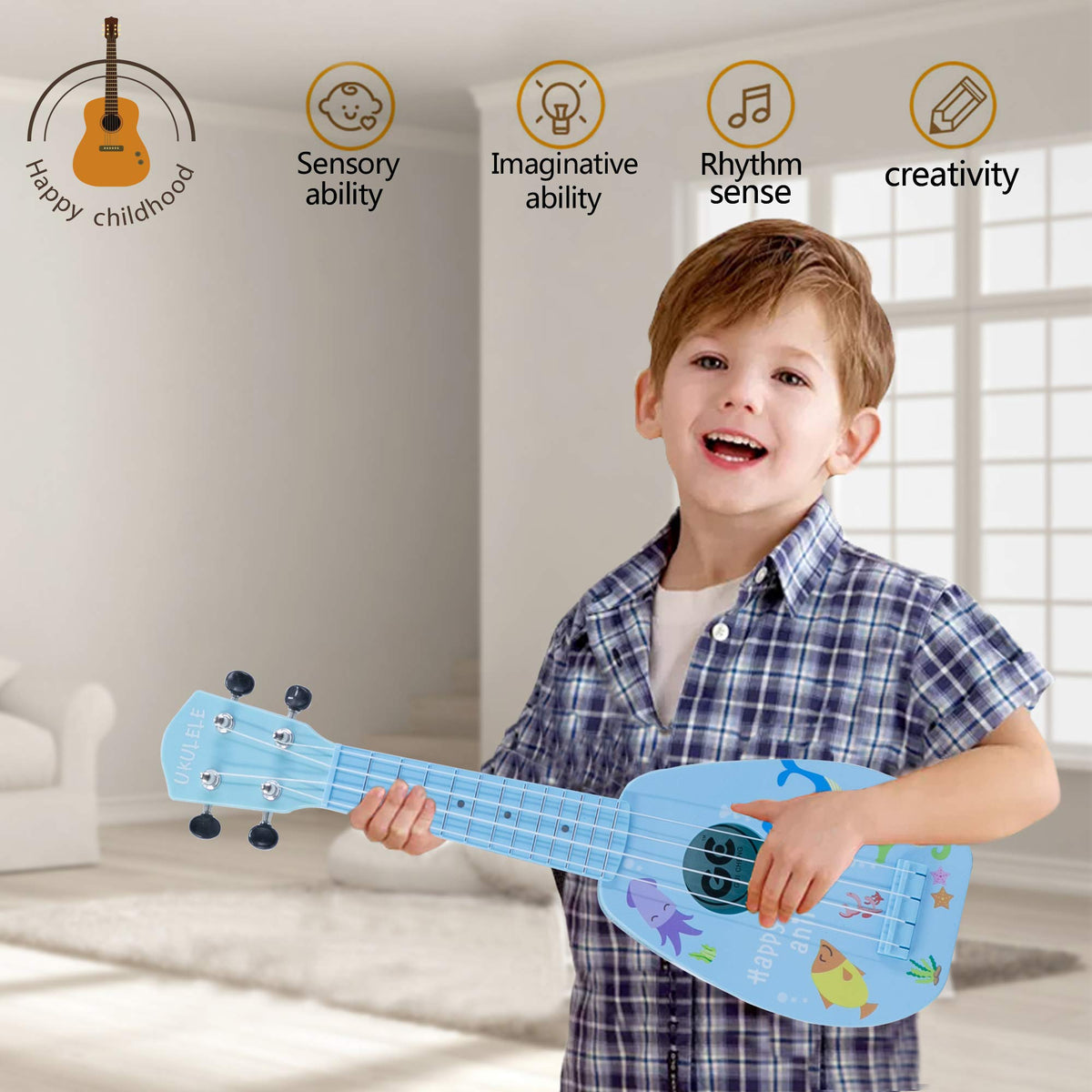 YOLOPARK 17-Inch Kids Toy Guitar for Beginners – 4-String Mini Ukulele-Style Guitar for Ages 3–7 (Blue)