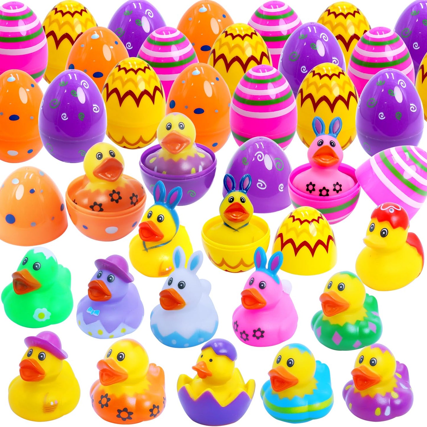 Yomwet 24 Pcs Easter Eggs with Rubber Duck Toys for Kids – Colorful Bath Toys & Easter Basket Stuffers