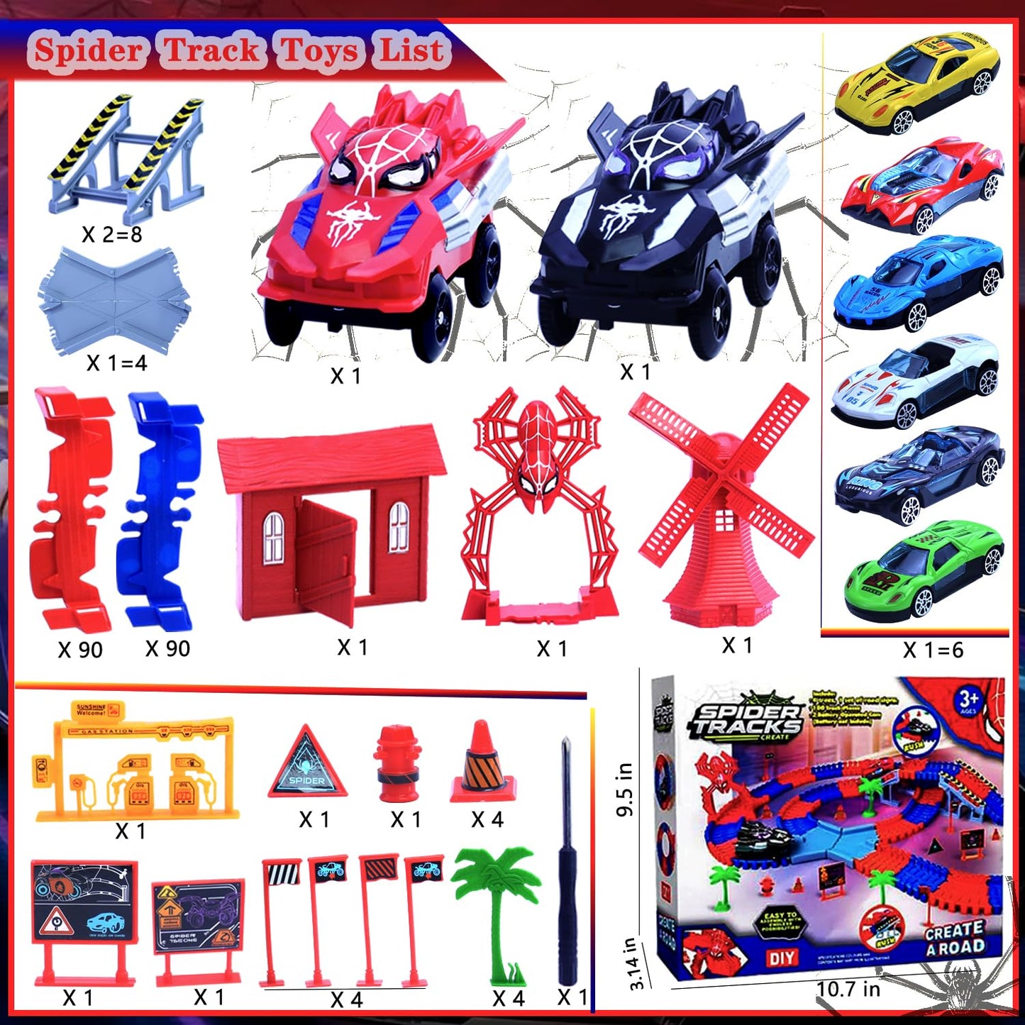 Yomwet Spider Track Set – 221 Pieces, 2 Electric Spider Cars & 6 Alloy Cars
