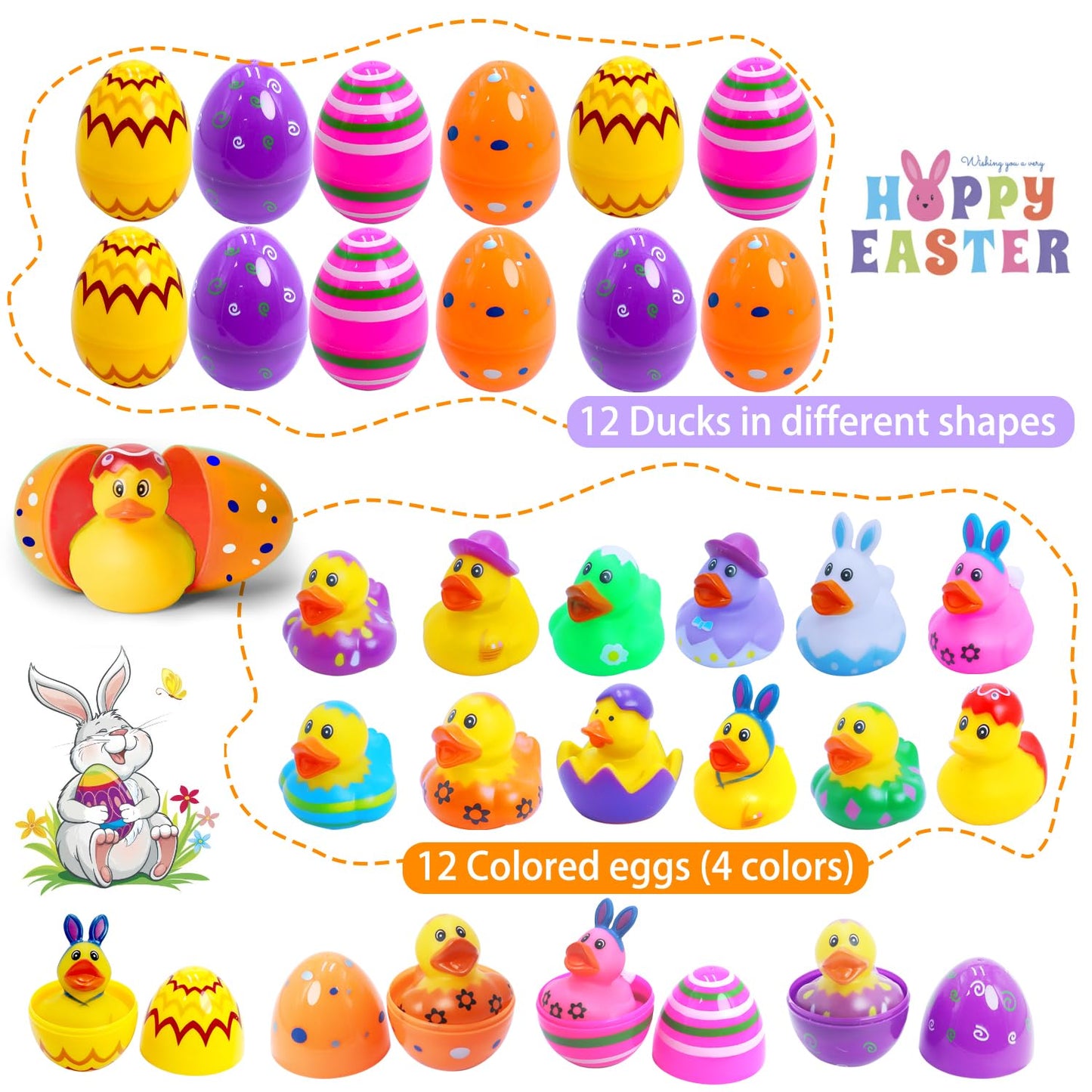 Yomwet 24 Pcs Easter Eggs with Rubber Duck Toys for Kids – Colorful Bath Toys & Easter Basket Stuffers