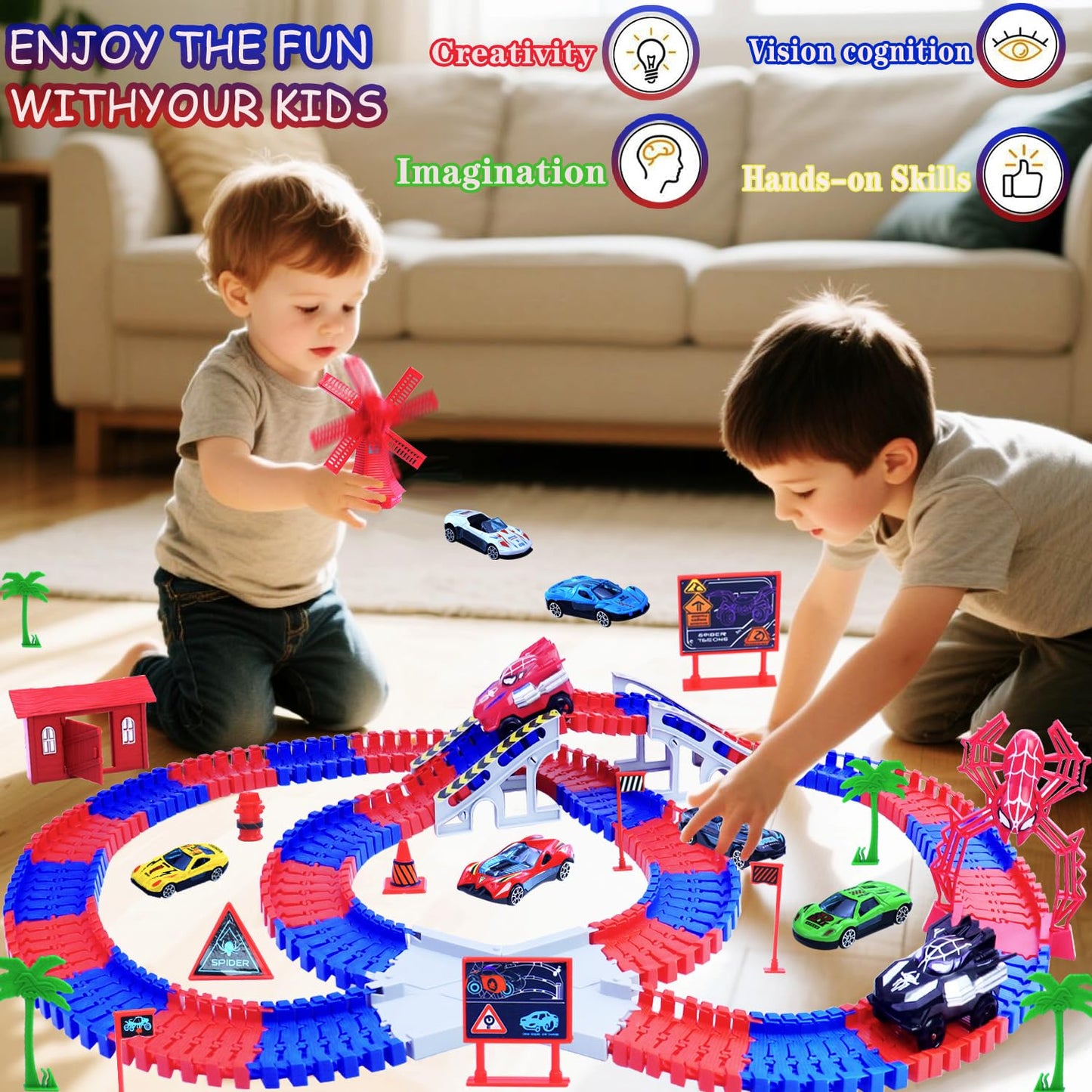 Yomwet Spider Track Set – 221 Pieces, 2 Electric Spider Cars & 6 Alloy Cars
