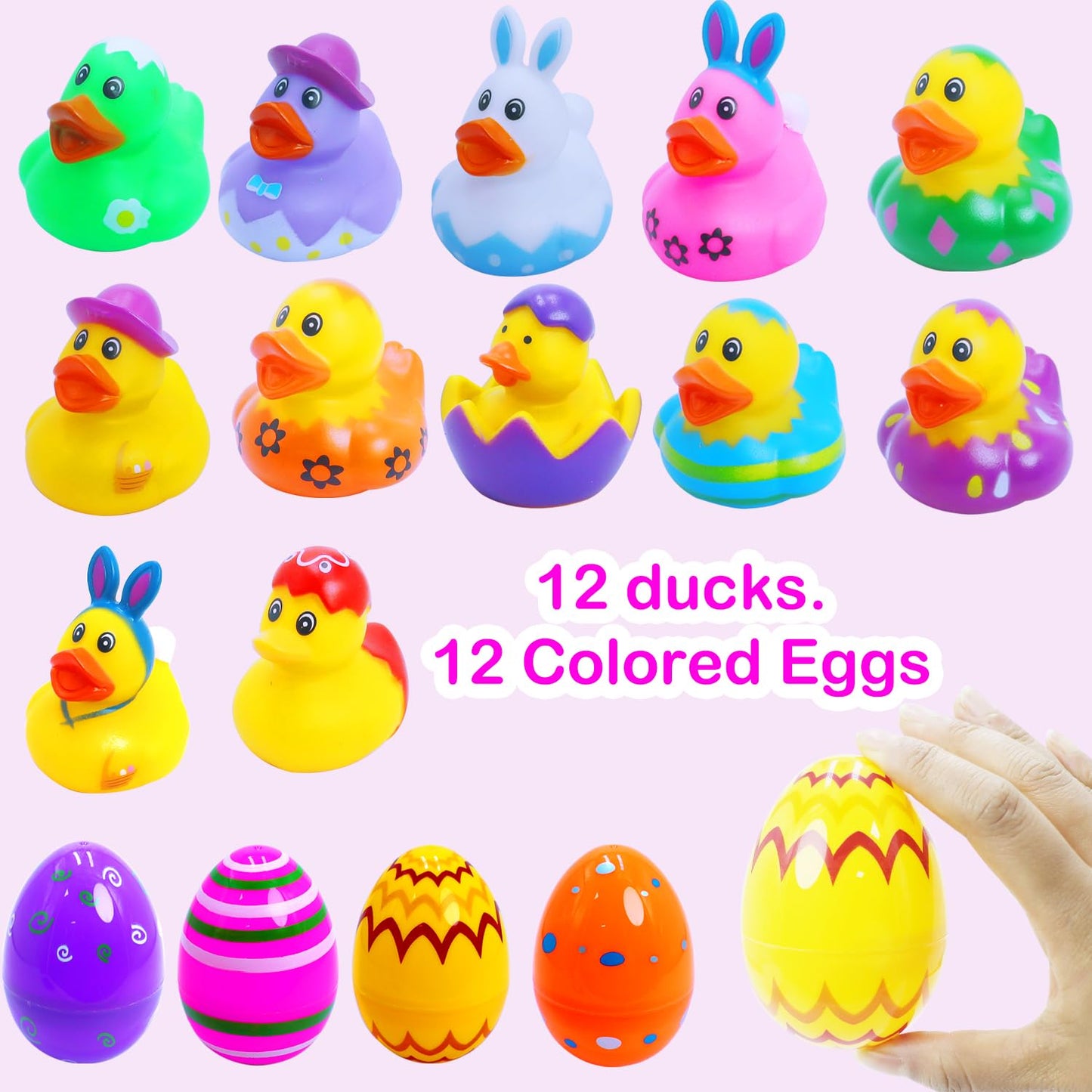 Yomwet 24 Pcs Easter Eggs with Rubber Duck Toys for Kids – Colorful Bath Toys & Easter Basket Stuffers