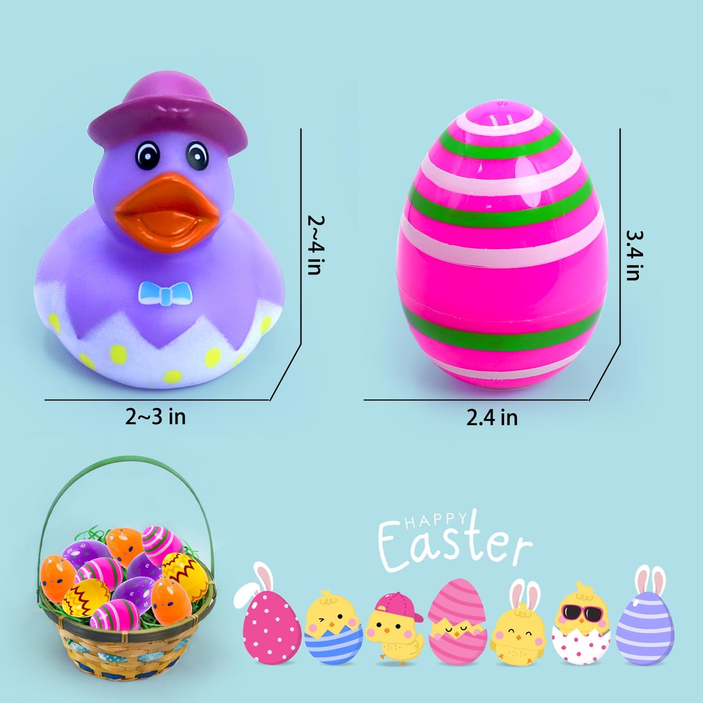 Yomwet 24 Pcs Easter Eggs with Rubber Duck Toys for Kids – Colorful Bath Toys & Easter Basket Stuffers