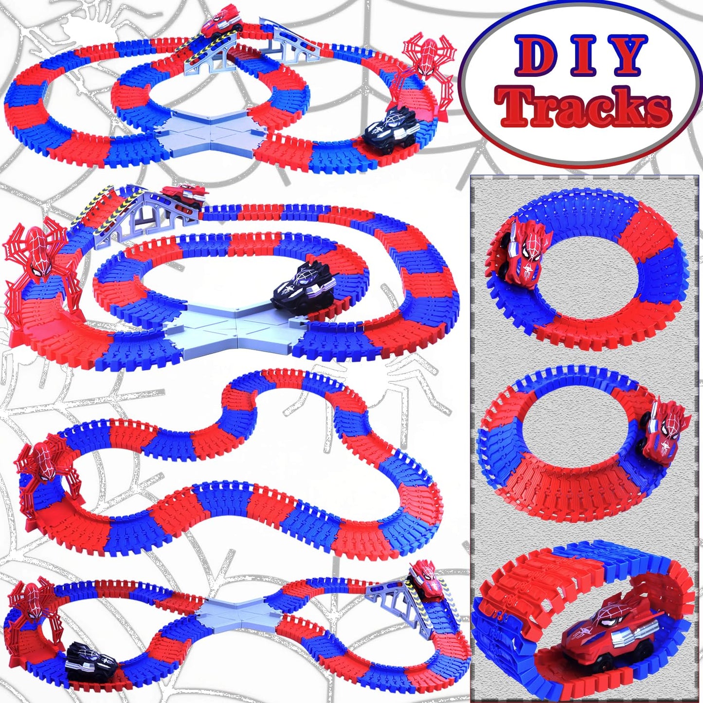 Yomwet Spider Track Set – 221 Pieces, 2 Electric Spider Cars & 6 Alloy Cars