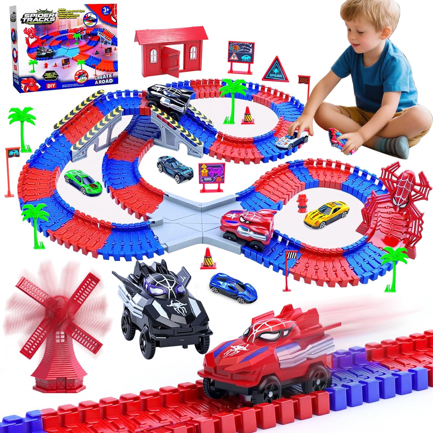 Yomwet Spider Track Set – 221 Pieces, 2 Electric Spider Cars & 6 Alloy Cars