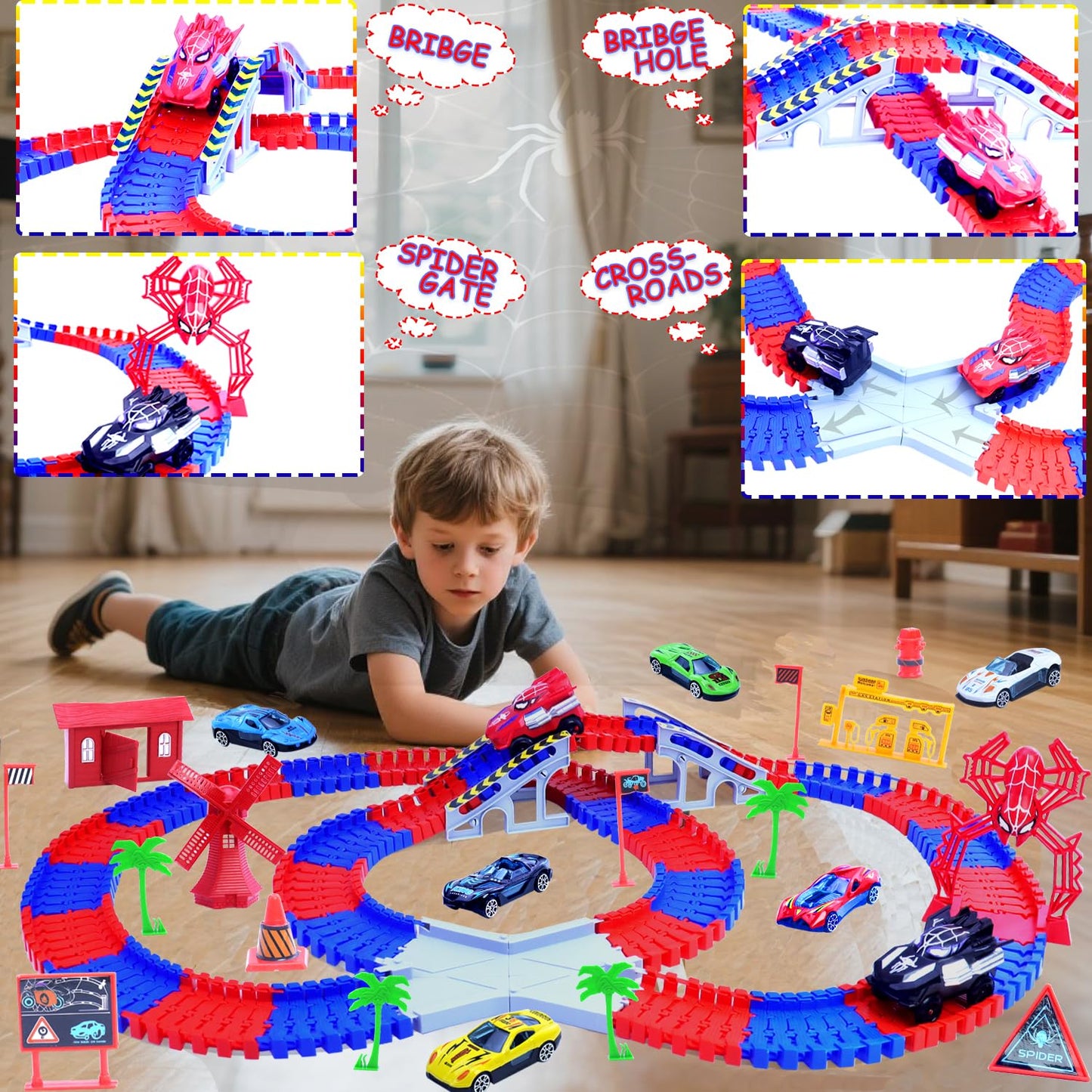 Yomwet Spider Track Set – 221 Pieces, 2 Electric Spider Cars & 6 Alloy Cars