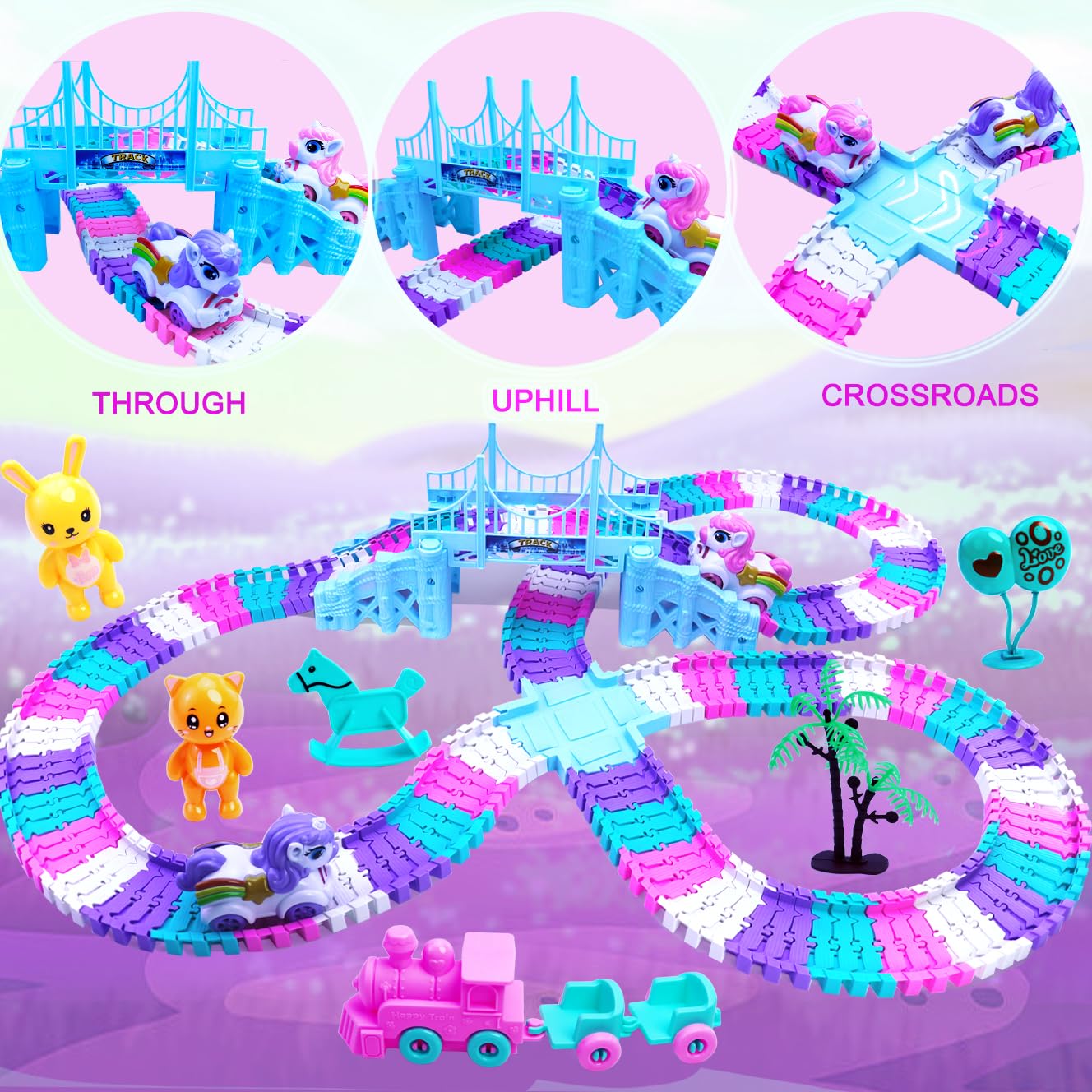 Yomwet Tracks Car Toys Set – 248-Piece Pink Rainbow Race Track with Unicorn Car & Pink Train