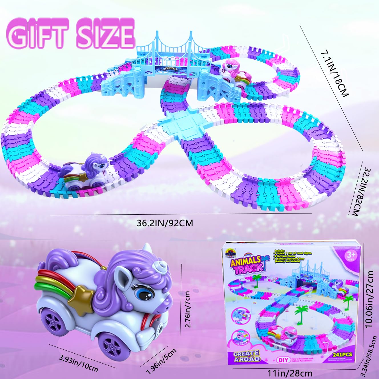 Yomwet Tracks Car Toys Set – 248-Piece Pink Rainbow Race Track with Unicorn Car & Pink Train