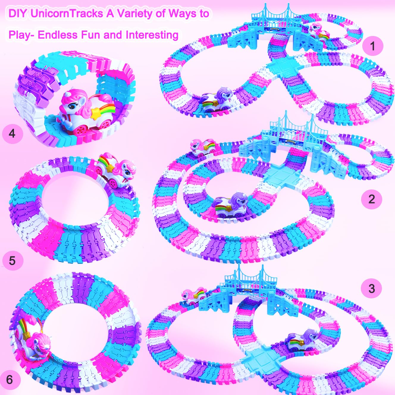 Yomwet Tracks Car Toys Set – 248-Piece Pink Rainbow Race Track with Unicorn Car & Pink Train
