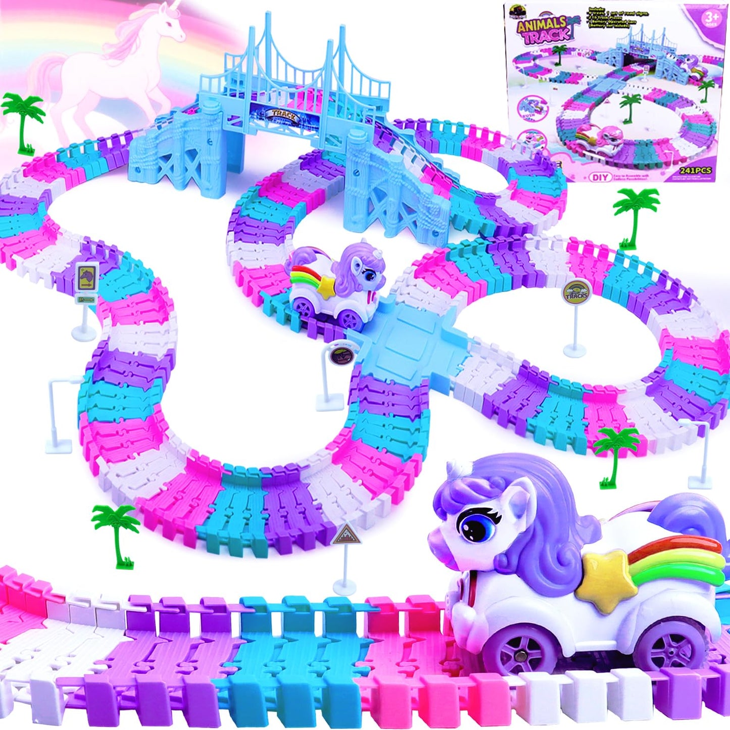 Yomwet Tracks Car Toys Set – 248-Piece Pink Rainbow Race Track with Unicorn Car & Pink Train
