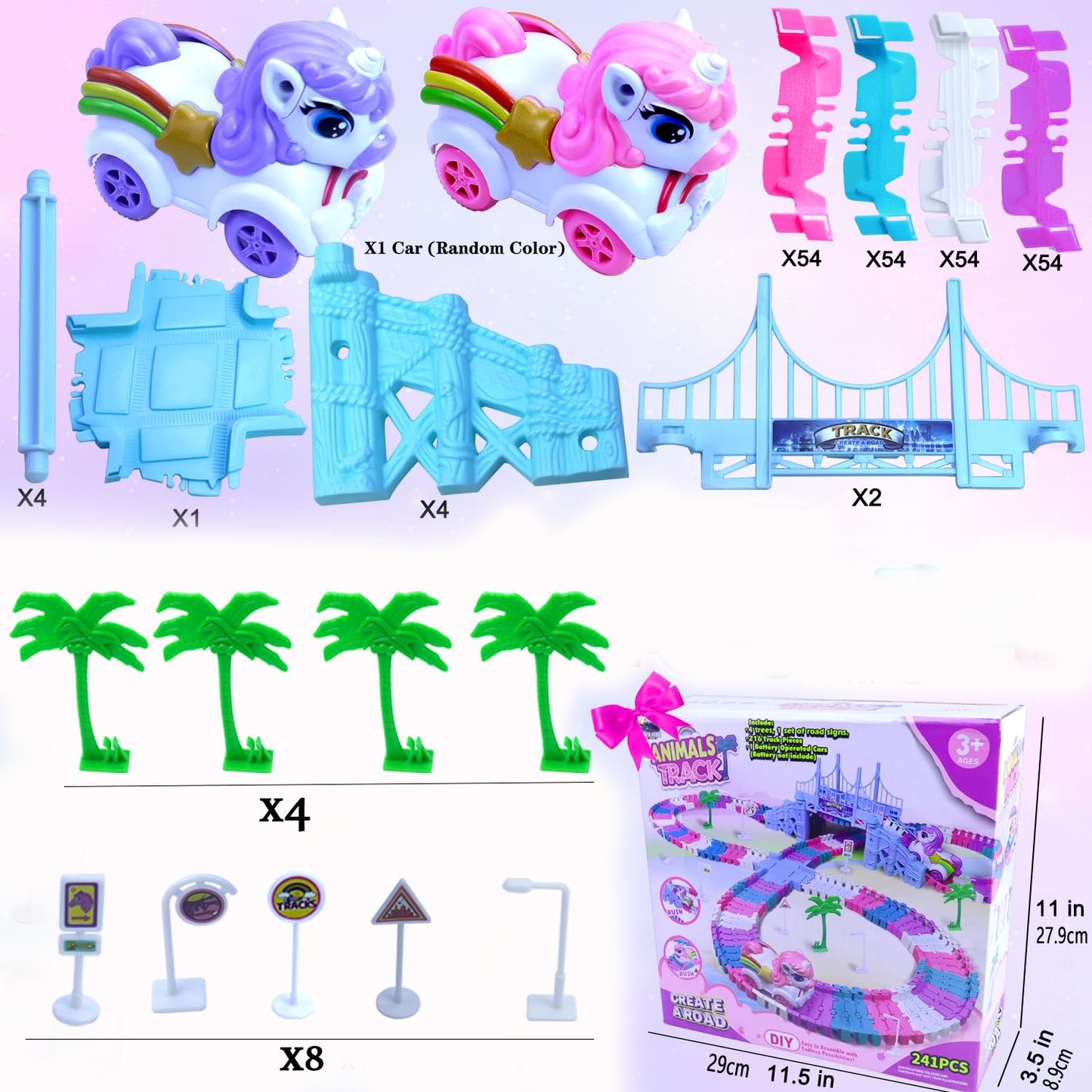 Yomwet Tracks Car Toys Set – 248-Piece Pink Rainbow Race Track with Unicorn Car & Pink Train