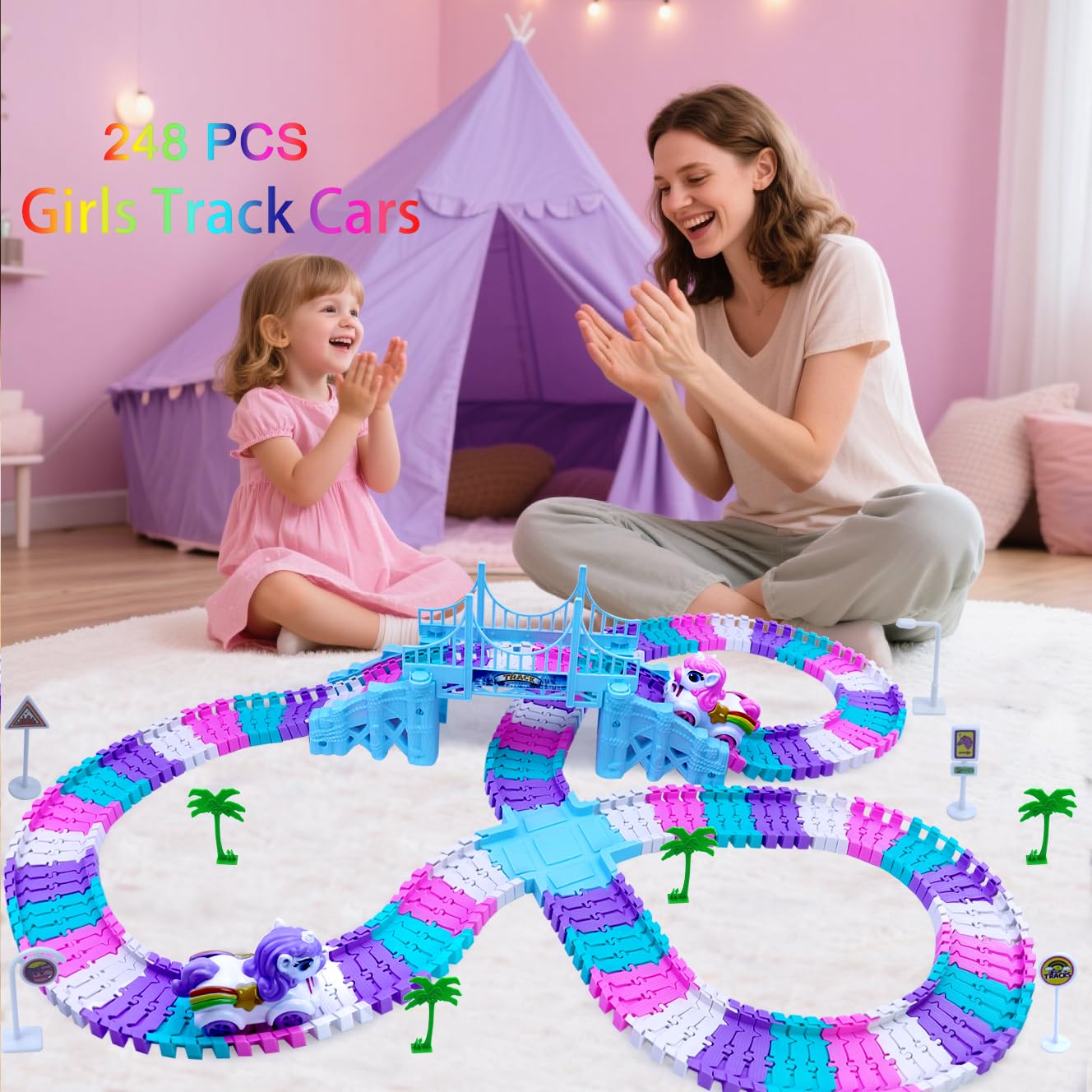 Yomwet Tracks Car Toys Set – 248-Piece Pink Rainbow Race Track with Unicorn Car & Pink Train