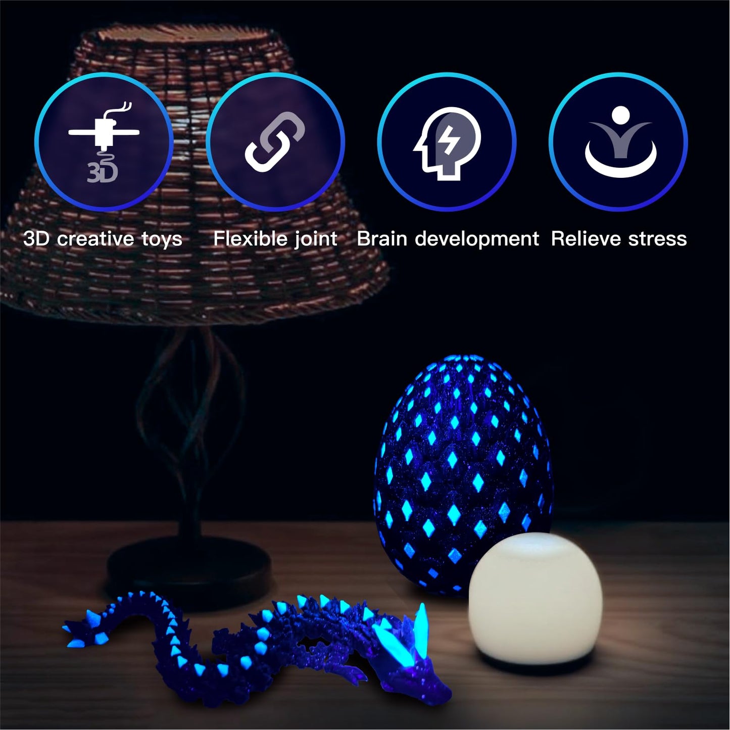 YonaaClin 3D Printed Dragon Egg with Dragon Inside – Glowing Night Light, Fidget Toy & Collectible