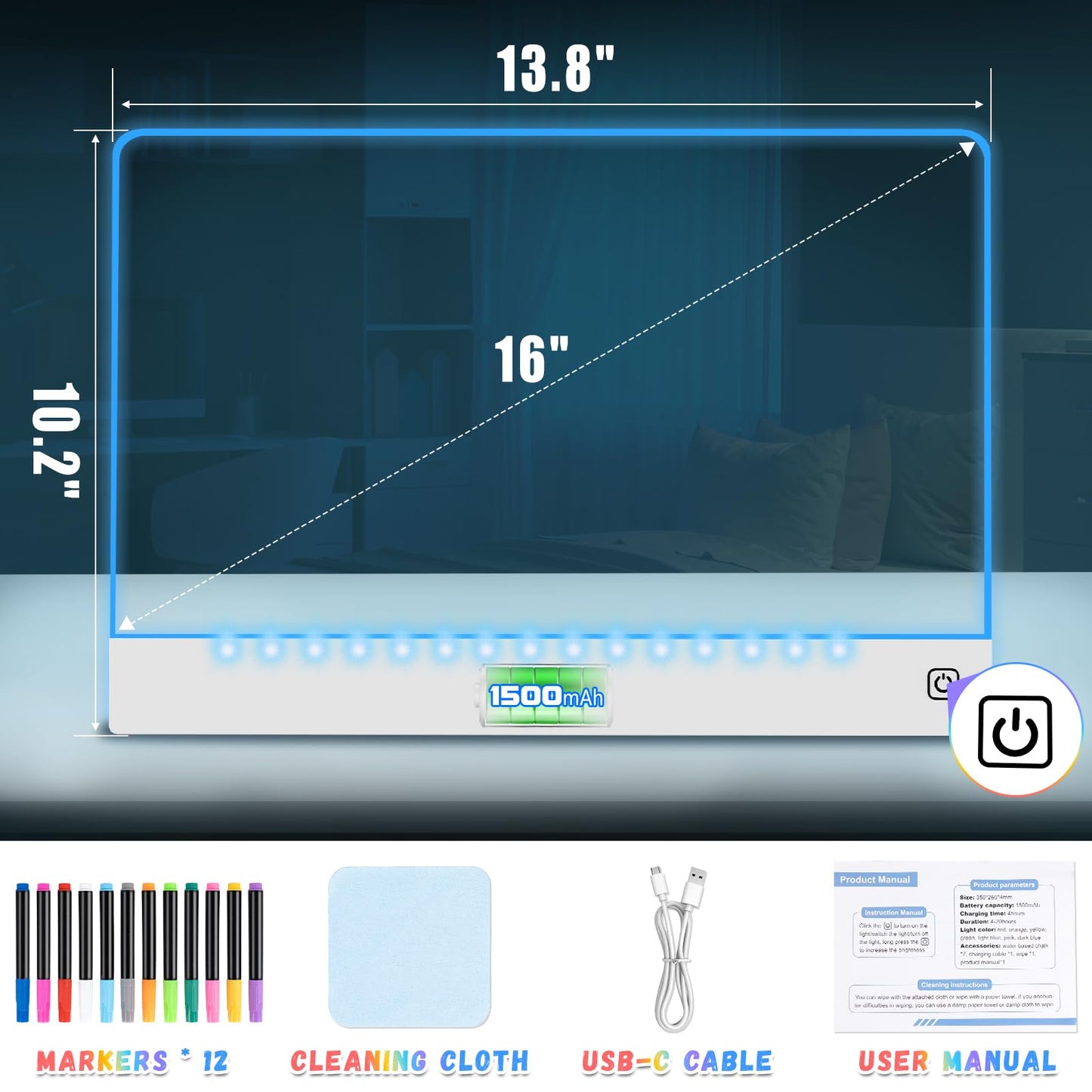 YONHAN 16-Inch LED Drawing Board for Kids – Rechargeable, Portable, 7-Color Glow, Stand (White)