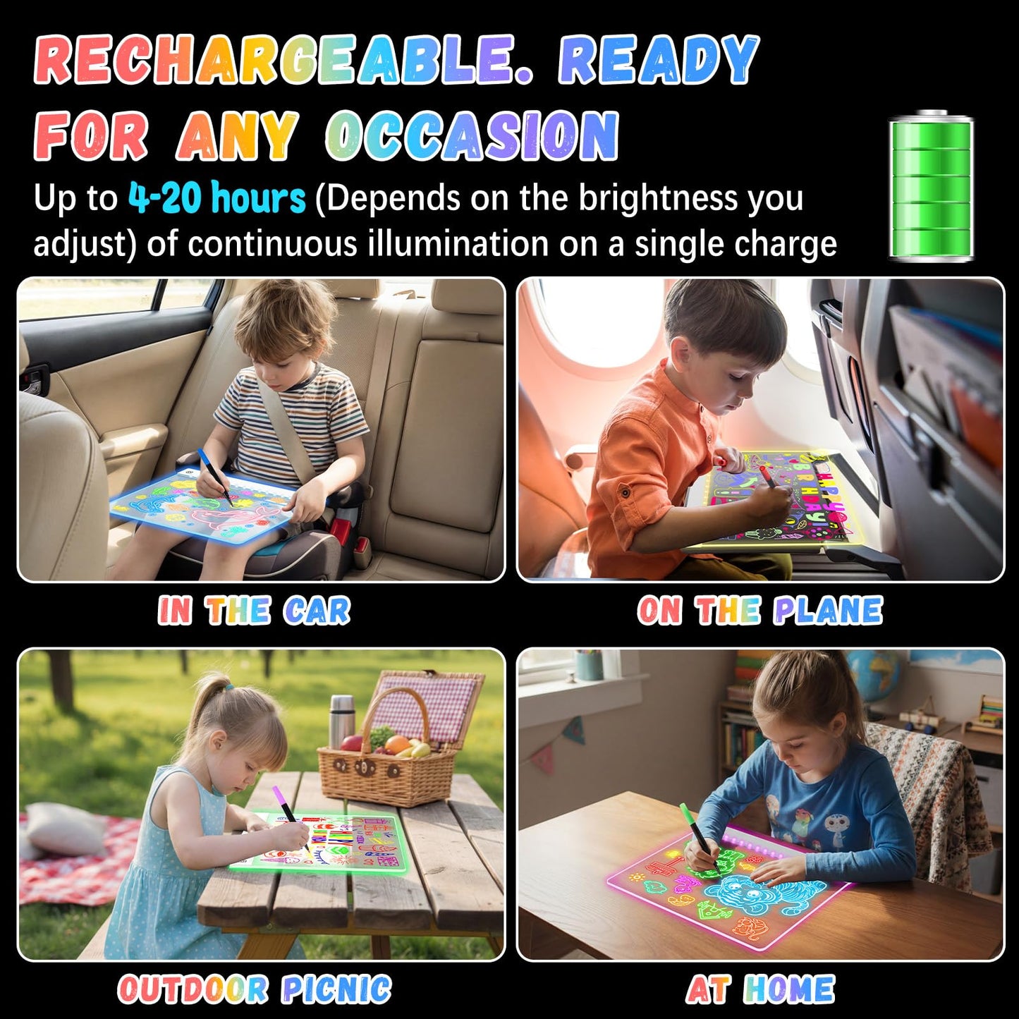 YONHAN 16-Inch LED Drawing Board for Kids – Rechargeable, Portable, 7-Color Glow, Stand (White)