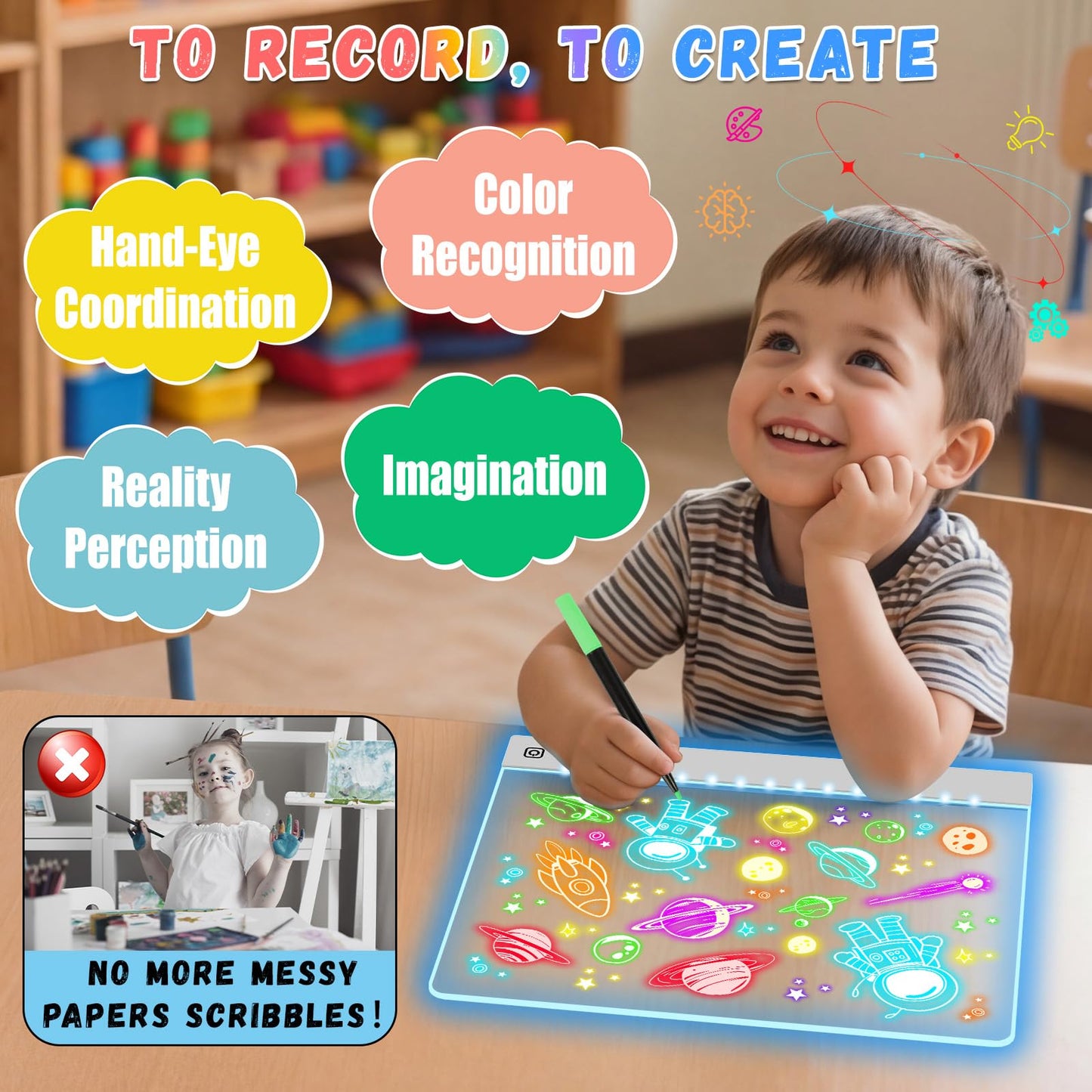 YONHAN 16-Inch LED Drawing Board for Kids – Rechargeable, Portable, 7-Color Glow, Stand (White)
