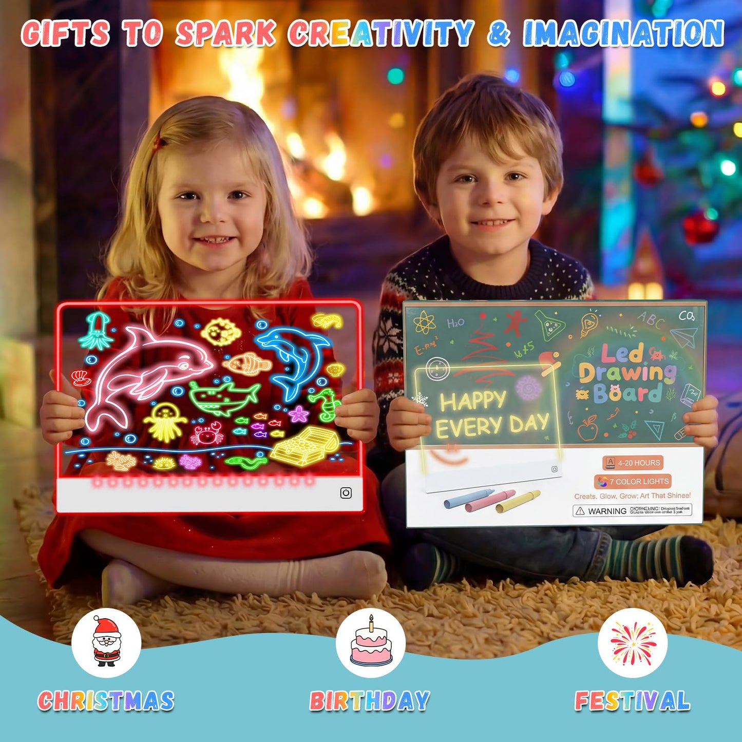 YONHAN 16-Inch LED Drawing Board for Kids – Rechargeable, Portable, 7-Color Glow, Stand (White)