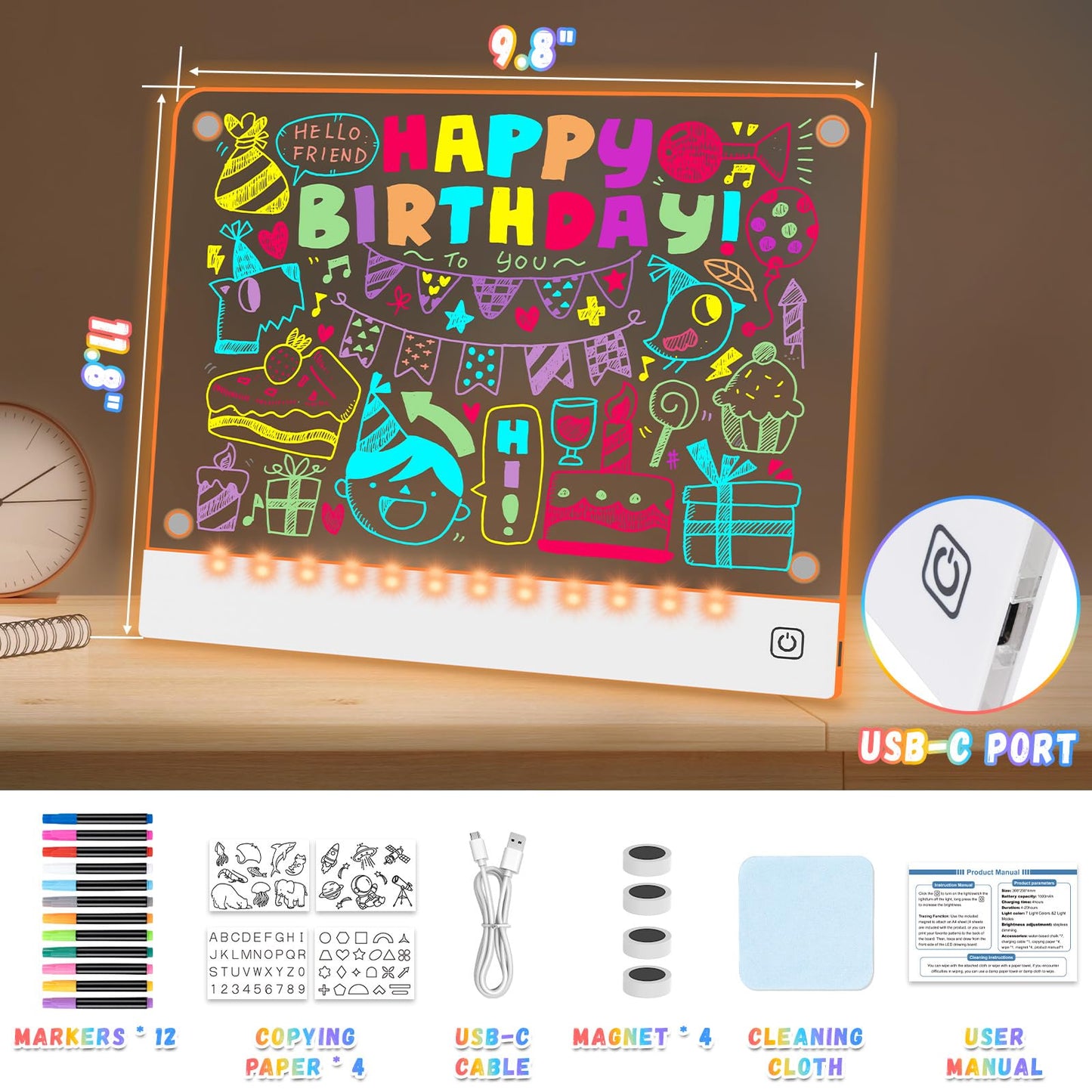 YONHAN Rechargeable LED Drawing Board for Kids — 7 Neon Colors & Magnetic Tracing