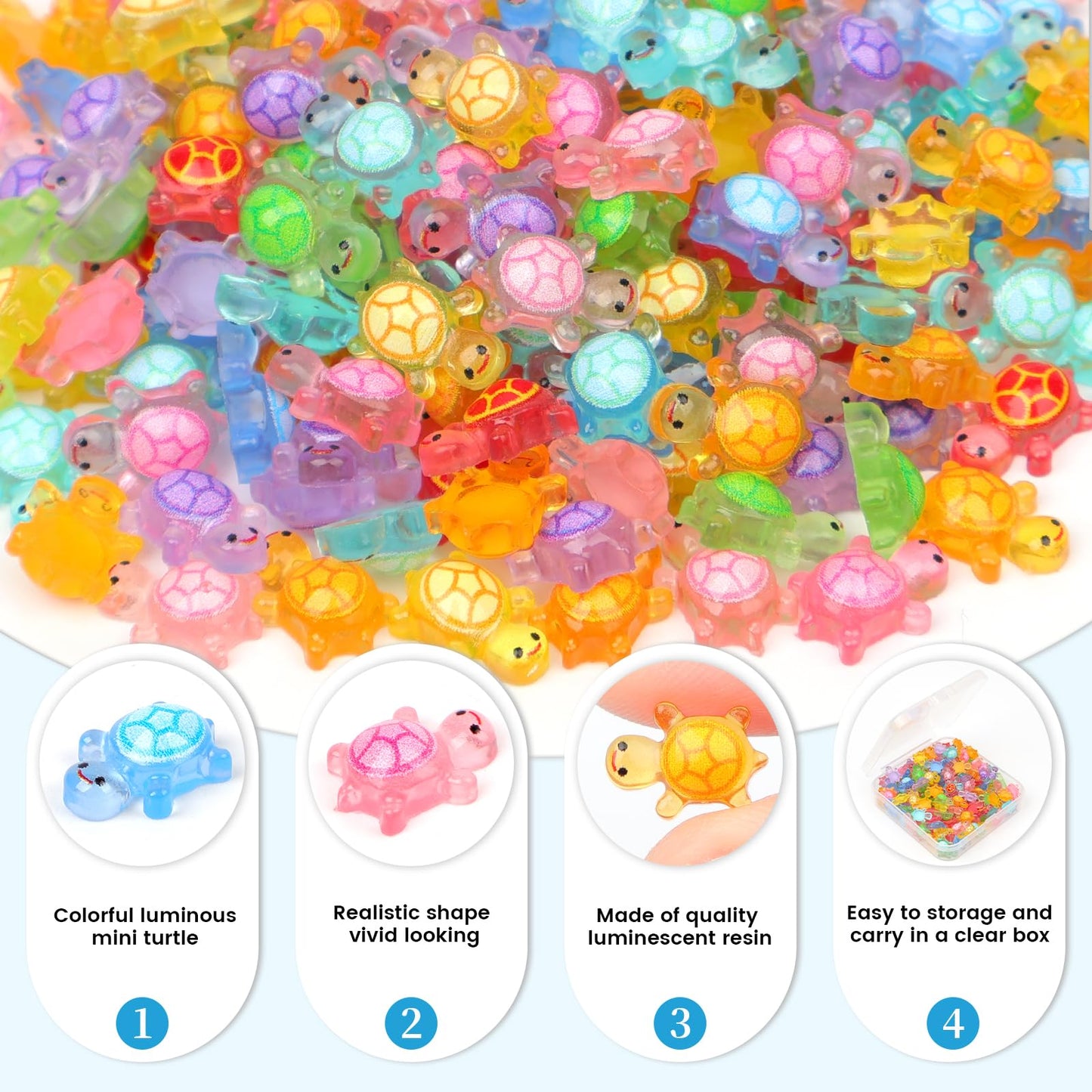 Yonseng 200pcs Mini Resin Turtles — Glow-in-The-Dark Tiny Turtle Figures for Crafts & Dollhouses, 10 Colors