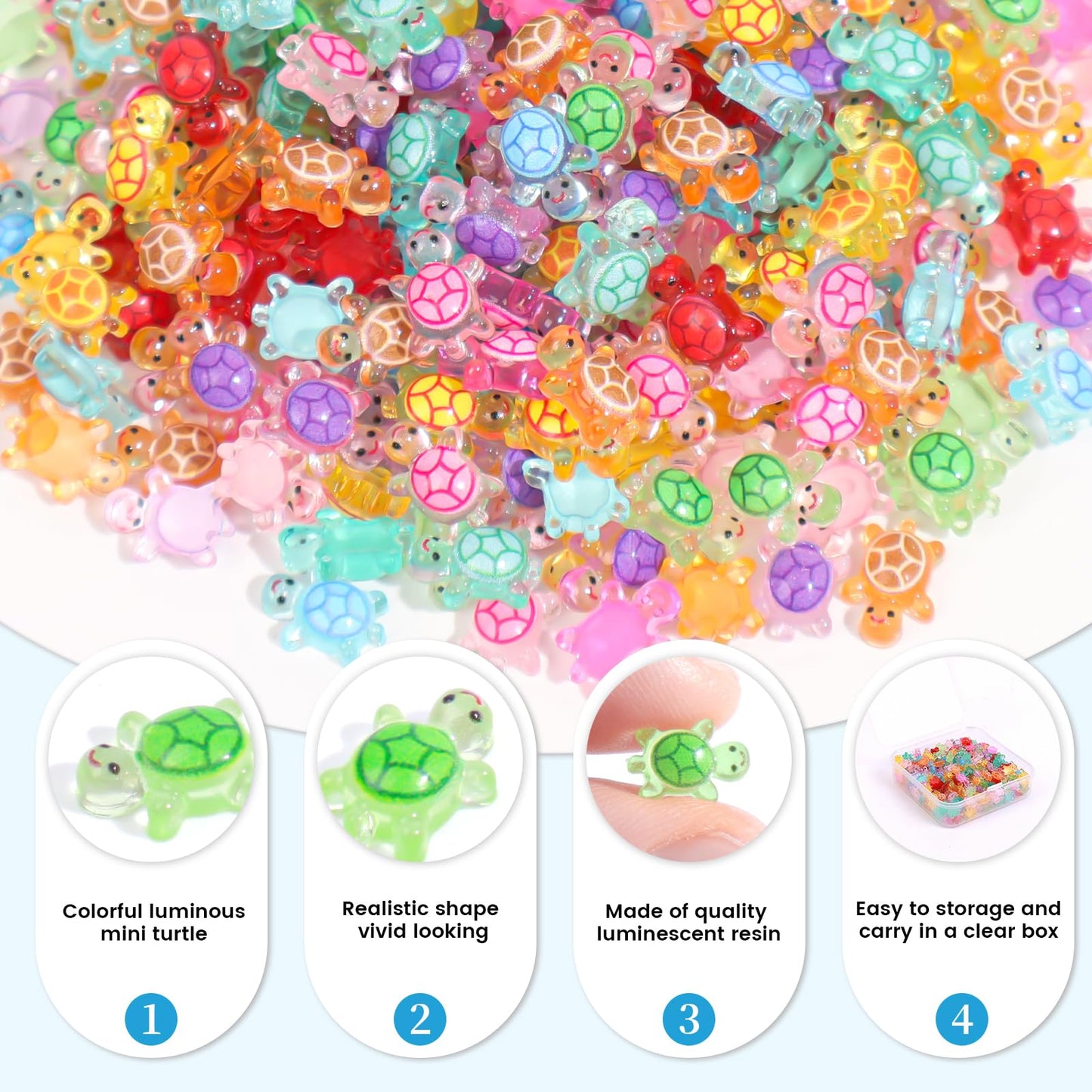 Yonseng 300pcs Glow in the Dark Mini Resin Turtles – 10 Colors for Crafts & Dollhouses