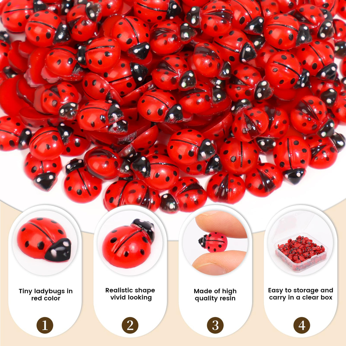 Yonseng 200pcs Mini Resin Ladybugs – 2 Types for Dollhouses, Fairy Gardens & Micro Landscaping