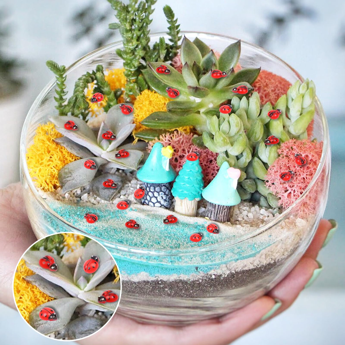 Yonseng 200pcs Mini Resin Ladybugs – 2 Types for Dollhouses, Fairy Gardens & Micro Landscaping
