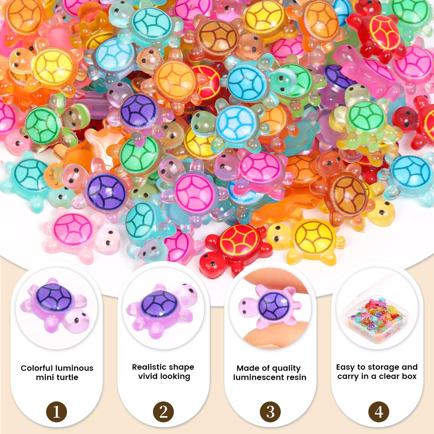 Yonseng 200pcs Glow-in-the-Dark Mini Resin Turtles for Crafts | 10 Colors, 0.4 x 0.5 in
