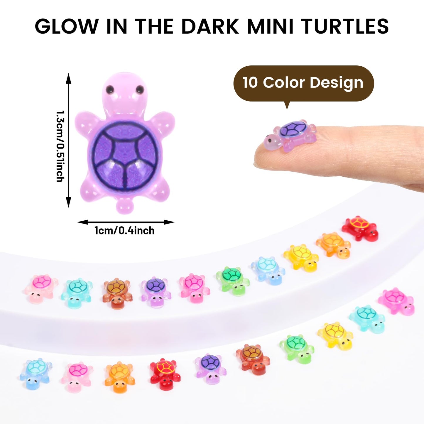 Yonseng 200pcs Glow-in-the-Dark Mini Resin Turtles for Crafts | 10 Colors, 0.4 x 0.5 in