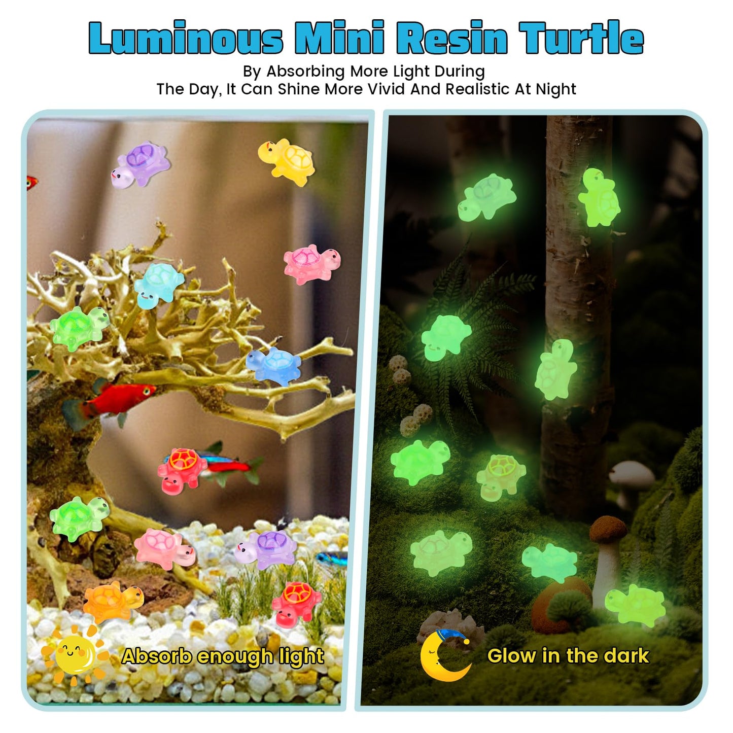 Yonseng 200pcs Mini Resin Turtles — Glow-in-The-Dark Tiny Turtle Figures for Crafts & Dollhouses, 10 Colors