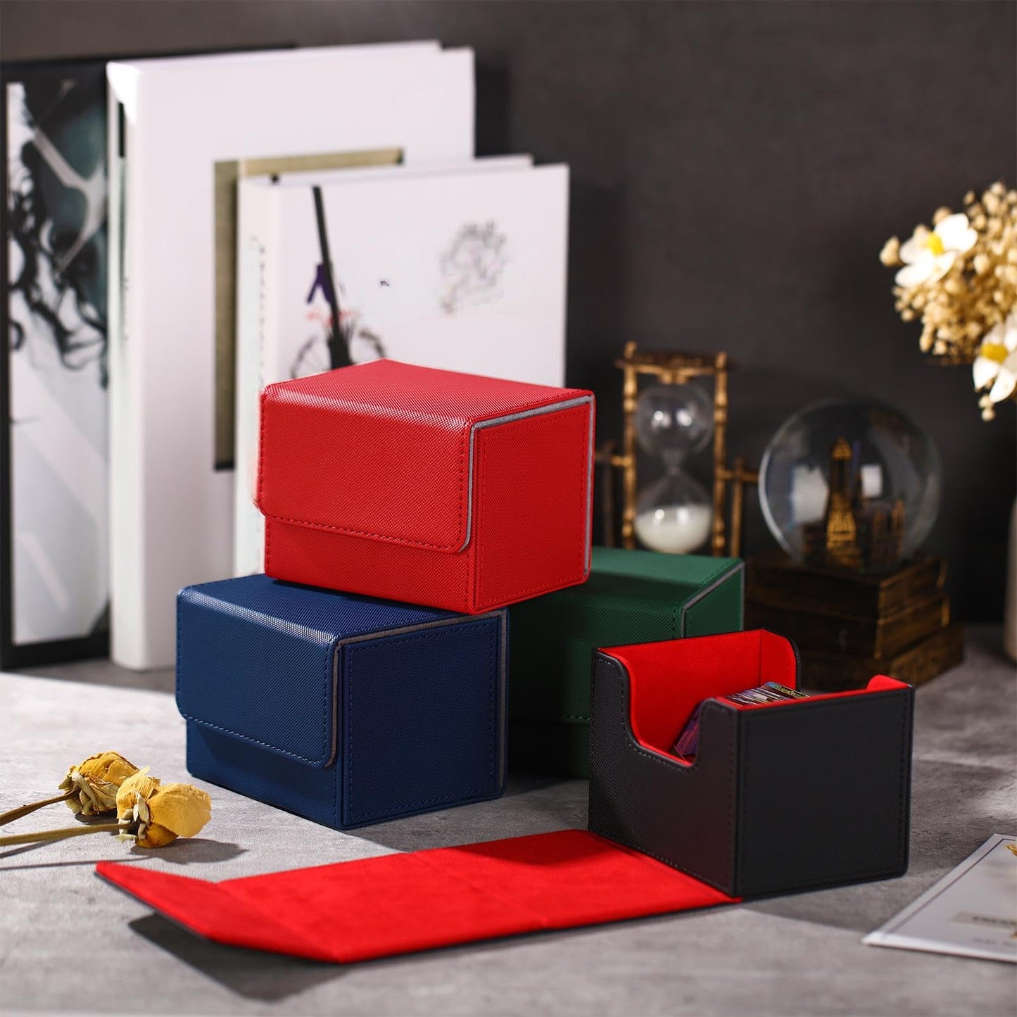 Yookeer 4-Piece Leather Deck Card Boxes for MTG Commander — Holds 100 Cards (Black/Green/Red/Blue)
