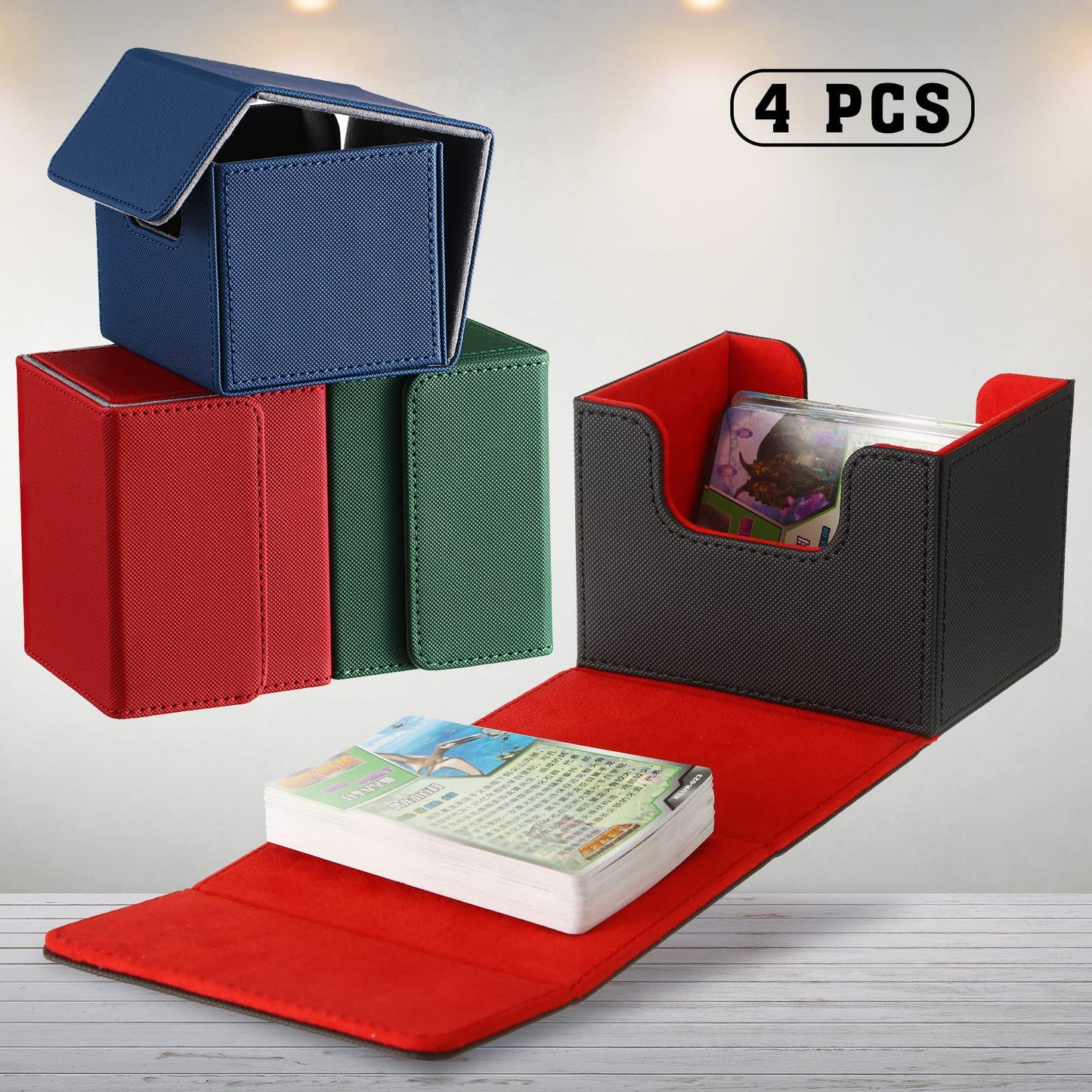 Yookeer 4-Piece Leather Deck Card Boxes for MTG Commander — Holds 100 Cards (Black/Green/Red/Blue)